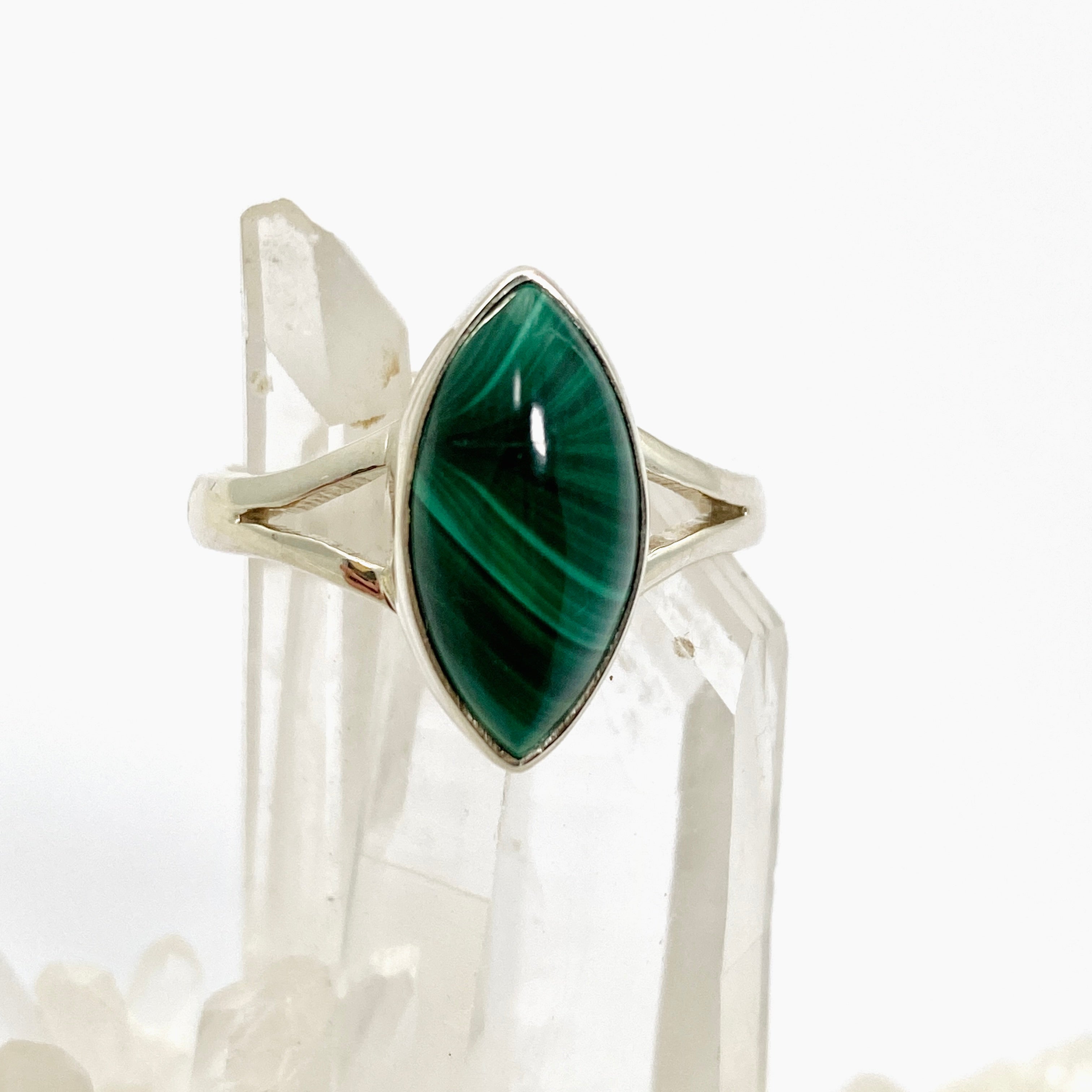 Natural Malachite Marquise Cabochon Split Band Ring - Size 9 - KRGJ3370 - Elegant Green Stone Jewelry for Women, Perfect for Weddings, Parties & Special Occasions