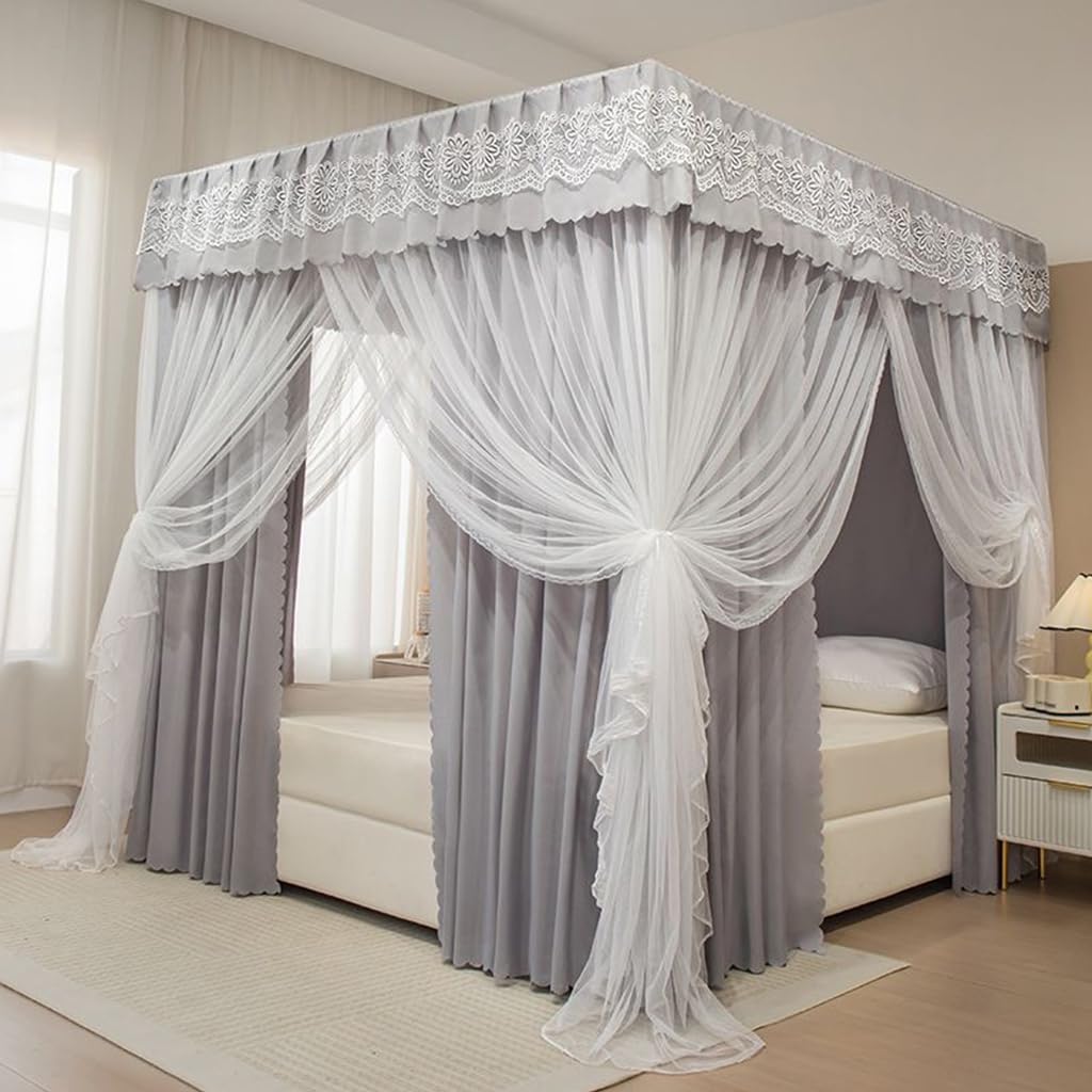 Princess 4 Corner Bed Canopy & Mosquito Net for Girls Room - Twin/Full/Queen/King Size Bed Curtain (Flower-Grey, California King) | Romantic Bedroom Decor for Kids, Teens & Adults - Perfect for Nursery, Dorm or Master Bedroom
