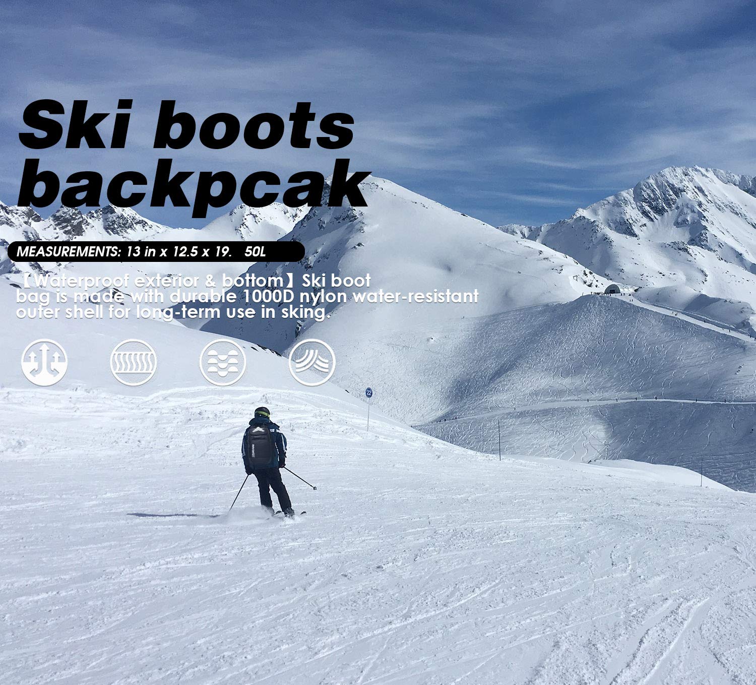 Waterproof 50L Ski Boot Backpack for Men & Women - Snowboard Boot Bag with Helmet Storage, Gloves & Goggles Compartment - Perfect for Skiing, Snowboarding & Winter Travel Gear Organization