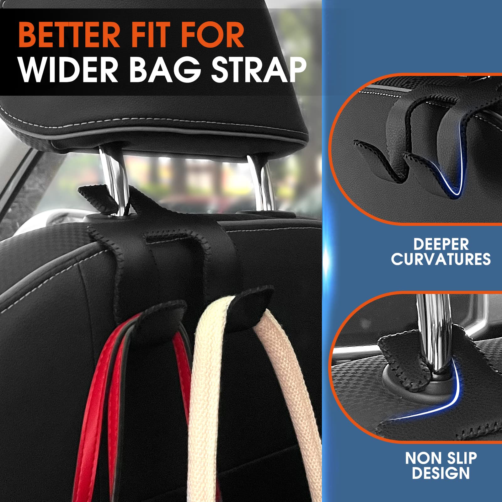 Upgraded 2-in-1 Car Headrest Hooks for Purses, Bags & Accessories - Durable Back Seat Organizer Hanger with Leather Storage Holder - Perfect for Vehicles, Travel & Daily Commute (1-Pack, Black)