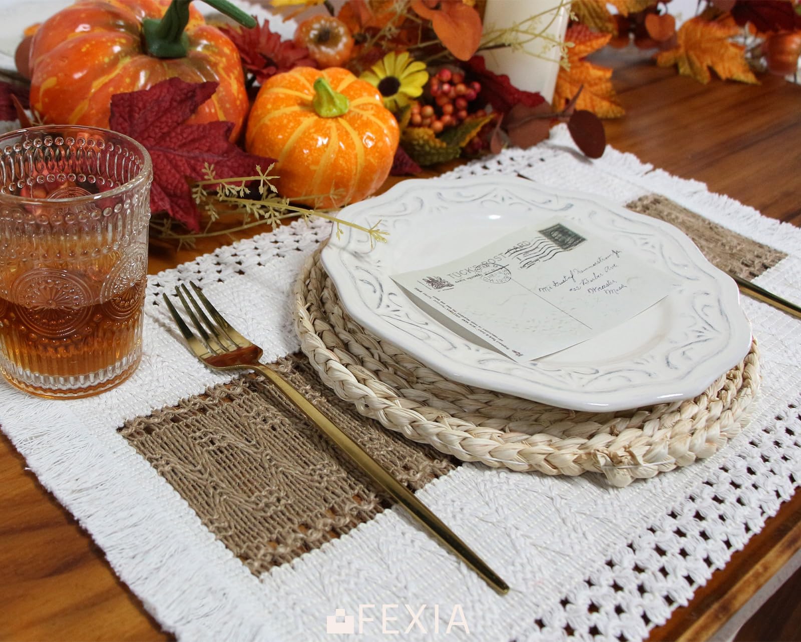 FEXIA Boho Placemats Set of 4 - Macrame Cotton Burlap Table Mats for Christmas, Fall & Thanksgiving Decor | Farmhouse Style Dining Table Centerpiece | Perfect for Holiday Gatherings & Home Decor