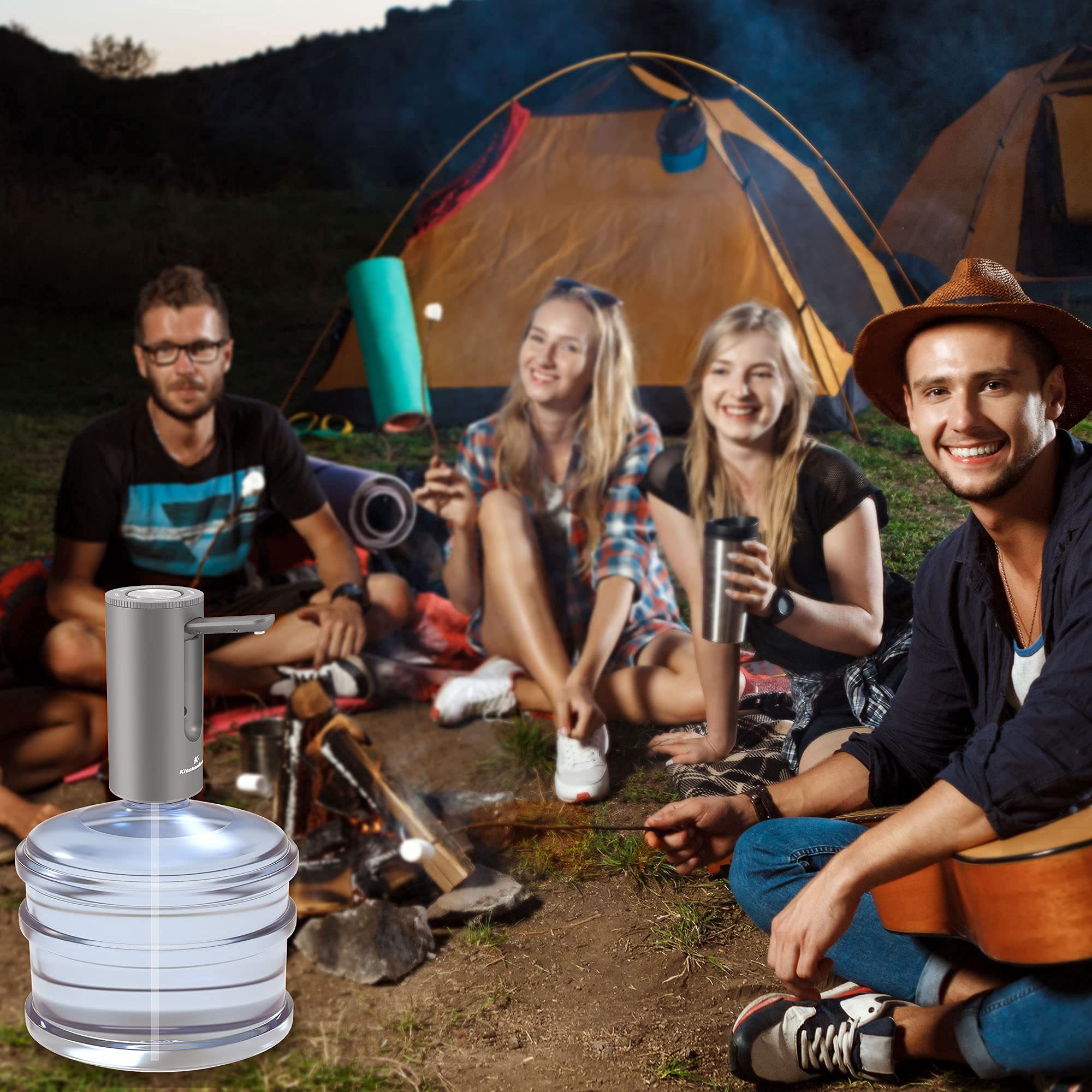 Universal 5-Gallon Water Bottle Pump Dispenser - Electric USB Charging, Foldable & Portable for Home, Office, Camping - KitchenBoss Automatic Drinking Water Switch (Silver) - Perfect for Kitchen Counter, RV Trips, and Outdoor Adventures