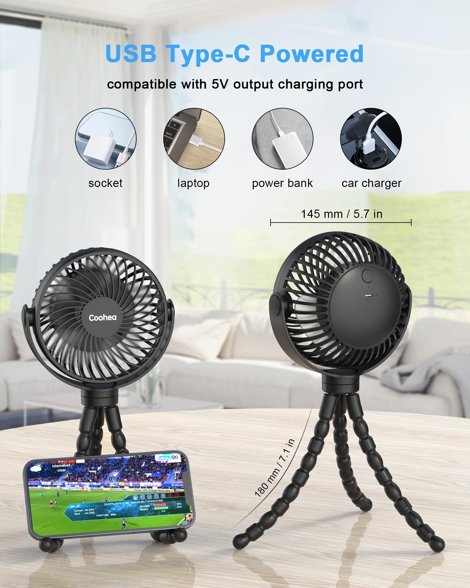 Rechargeable 4000mAh Stroller Fan for Baby - 3 Speed Adjustable, 360° Rotatable with Flexible Tripod - Portable Clip on Cooling Fan for Car Seat, Crib, Golf Cart, Bike & Treadmill (Black) | Perfect for Outdoor Activities, Travel & Nursery Comfort