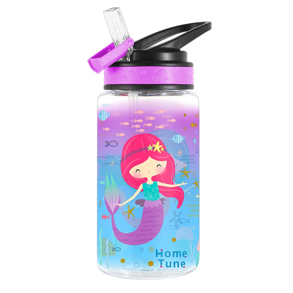 Cute BPA-Free Water Bottle for Kids - 15oz Mermaid Design, Leak Proof Flip Straw, Carry Loop & Easy Clean - Perfect for School, Travel & Outdoor Activities