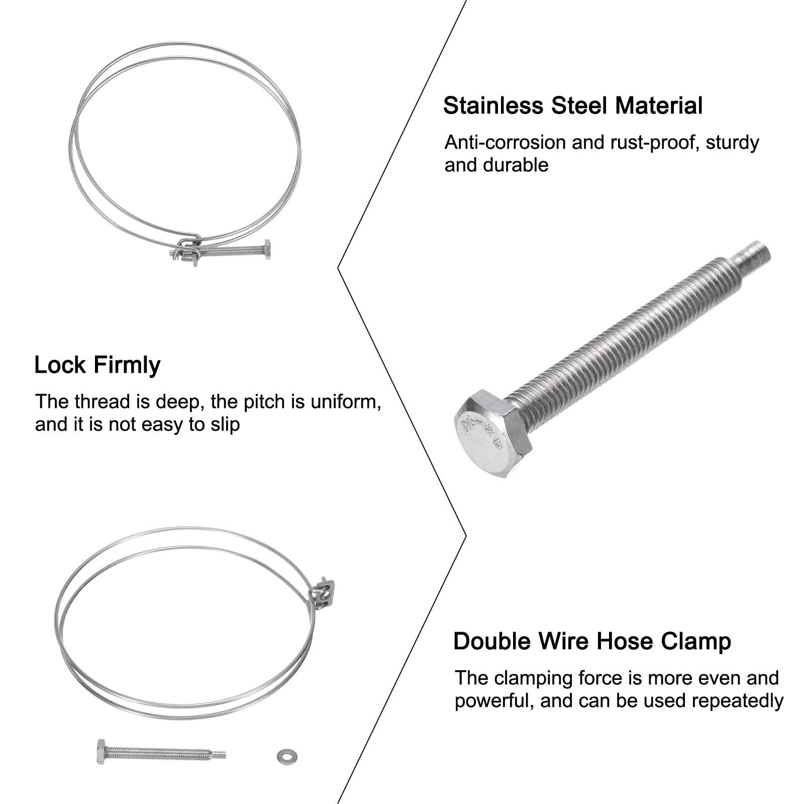 uxcell 6Pcs Stainless Steel Adjustable Double Wire Hose Clamps 150-160mm with M8 Bolt - Heavy Duty Clips for Dust Collection, Pump, Pipe & Industrial Hose Connections (Perfect for Plumbing, Automotive & HVAC Systems)