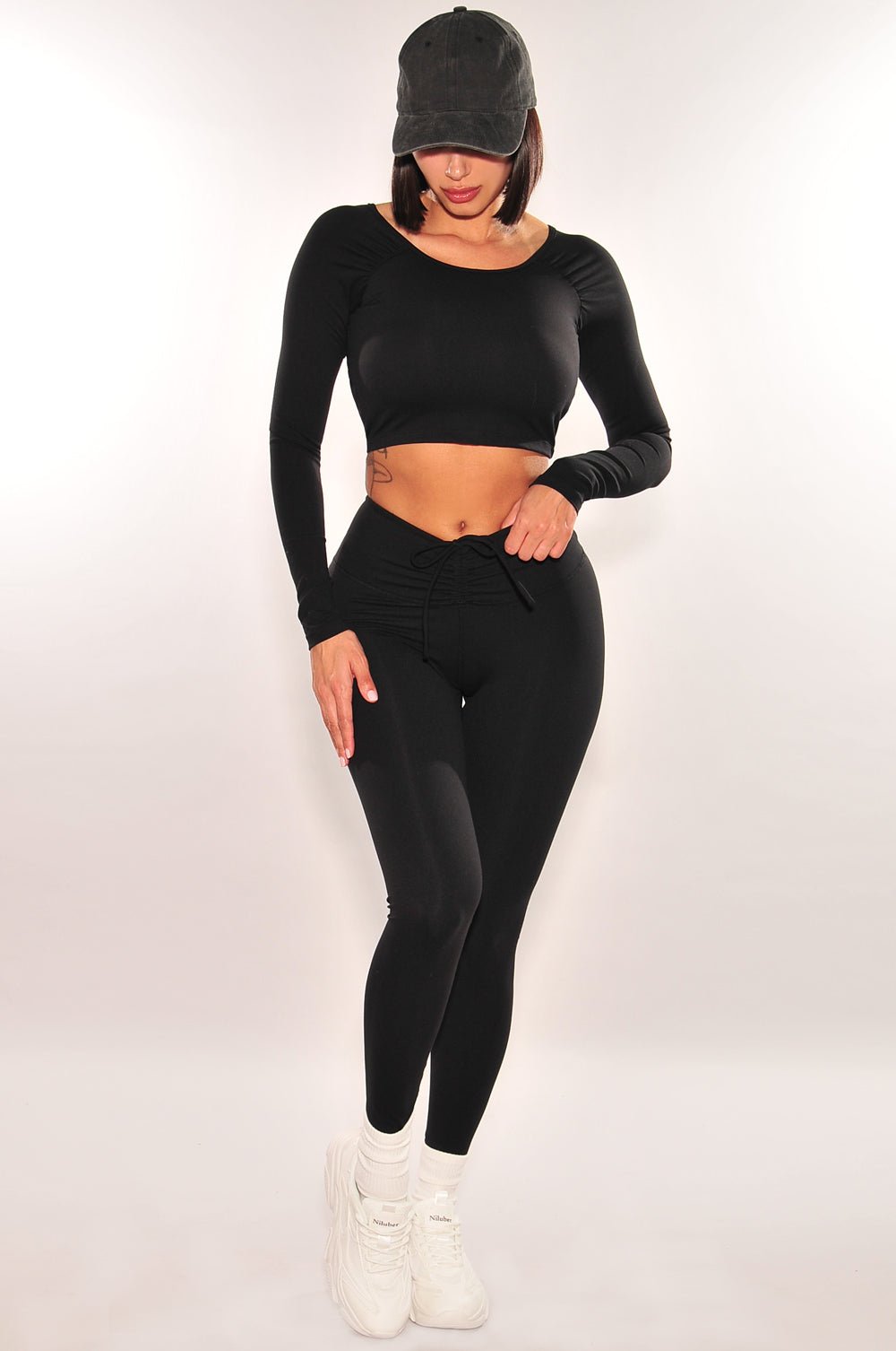 HMS Fit: Black Padded Long Sleeve Lace Up Back Scrunch Butt Leggings Two Piece Set - Women's Workout Outfit for Yoga, Gym & Running