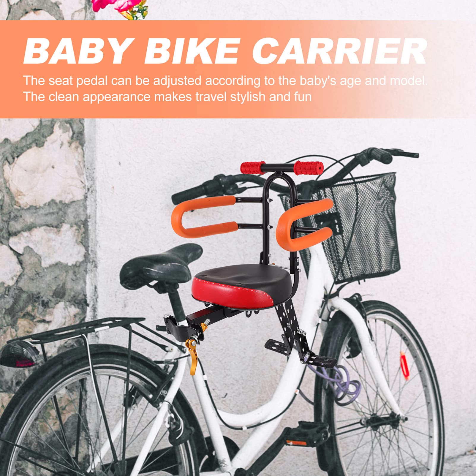 BESPORTBLE Foldable Front Bike Seat for Kids - Adjustable Child Bike Saddle with Safety Footrest, Steel Frame Carrier for Baby & Toddler - Perfect for Family Cycling, Commuting and Outdoor Adventures