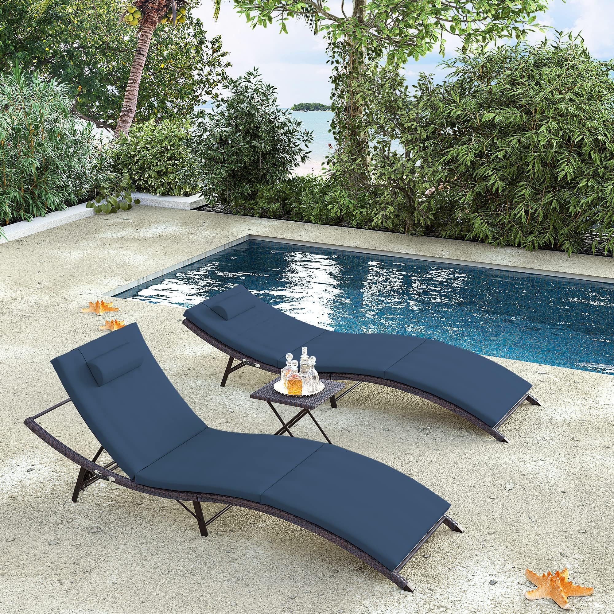3-Piece Patio Chaise Lounge Set with Adjustable Rattan Backrest & Folding Table - Outdoor Furniture for Poolside, Beach, Backyard, Porch | Perfect for Sunbathing, Relaxing & Entertaining Guests