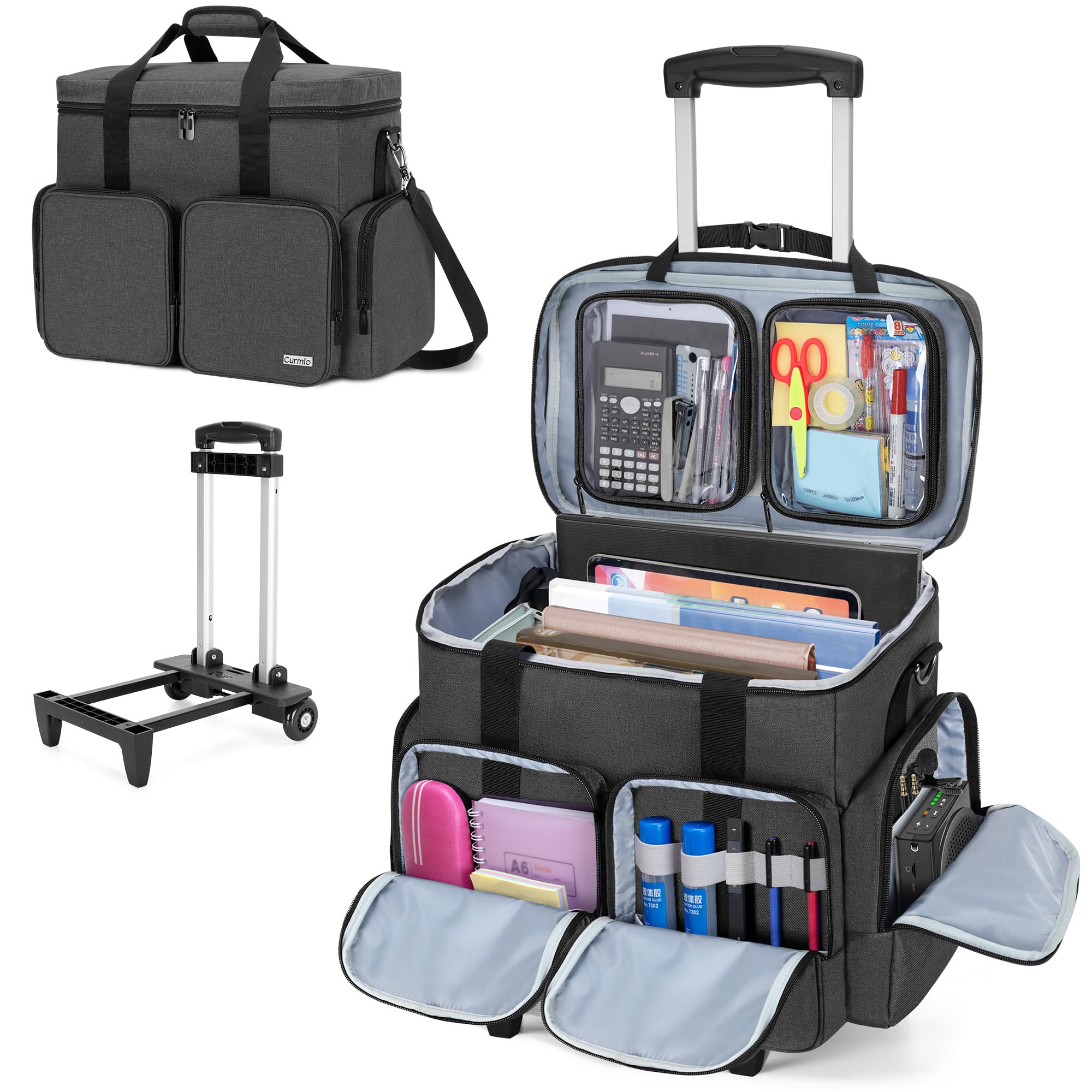 CURMIO Rolling Teacher Tote Bag with Padded Laptop Compartment for 15.6 Inch Laptop - Wheeled Teacher Bag for Teaching, Office, Craft Supplies - Black - Perfect for Educators, Professors and Traveling Professionals