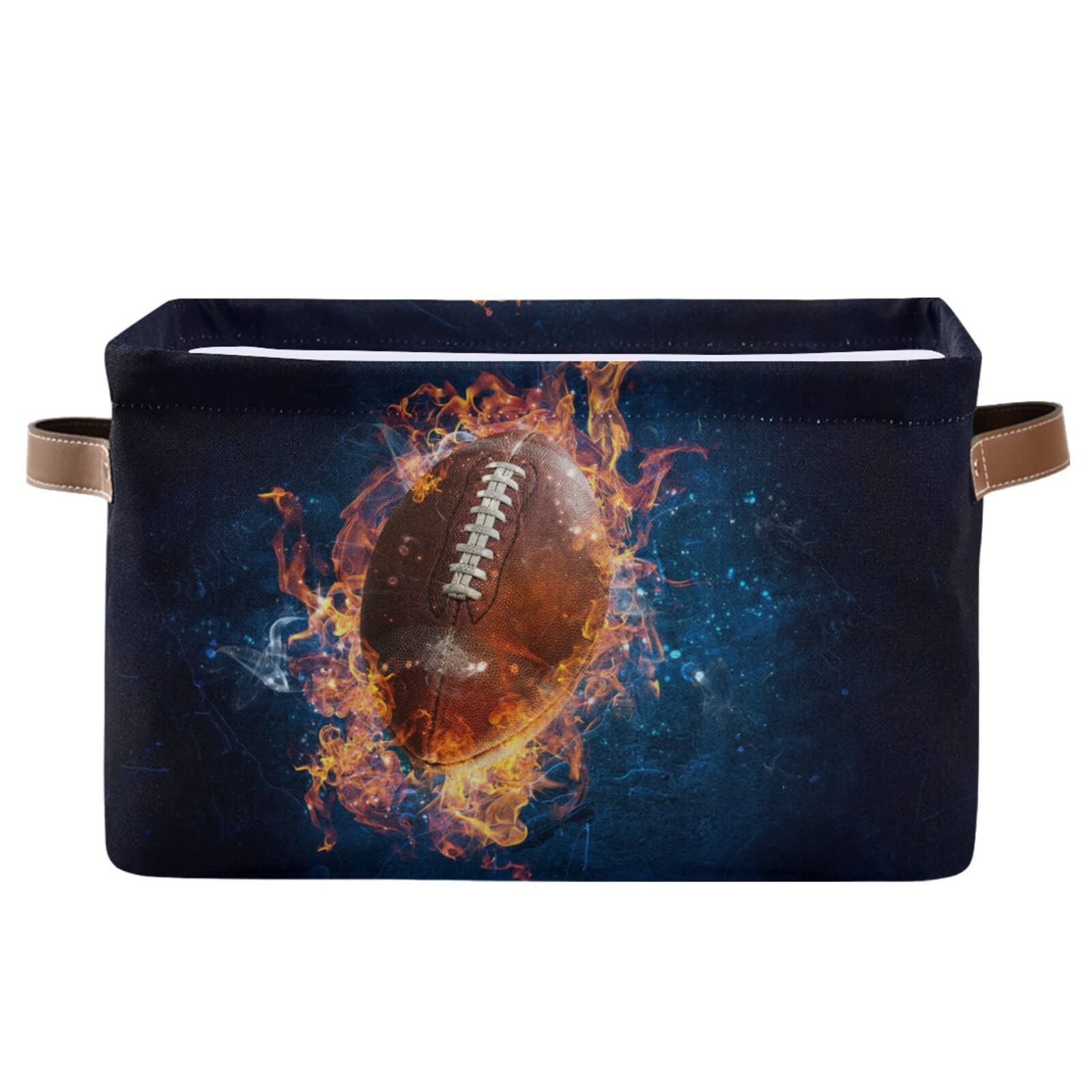 Collapsible Rectangular Storage Basket with Leather Handles - American Football Game Themed Organizer Bin for Nursery, Home & Bedroom | Perfect for Toy Storage, Laundry Organization & Clutter Control