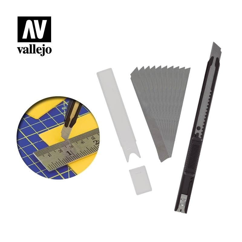 Vallejo Slim Snap-Off Utility Knife with 10 Replacement Blades - Precision Cutting Tool for Crafts, DIY Projects & Office Use