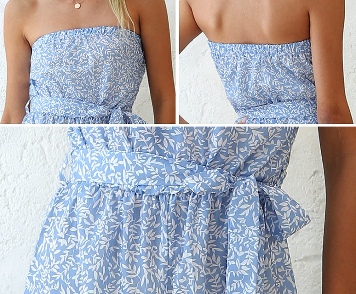 CHARTOU Women's Off The Shoulder Wide Leg Loose Floral Print Belt Bandeau Jumpsuit - Summer Beach Party, Vacation Outfit, Casual Wear, Boho Chic Fashion