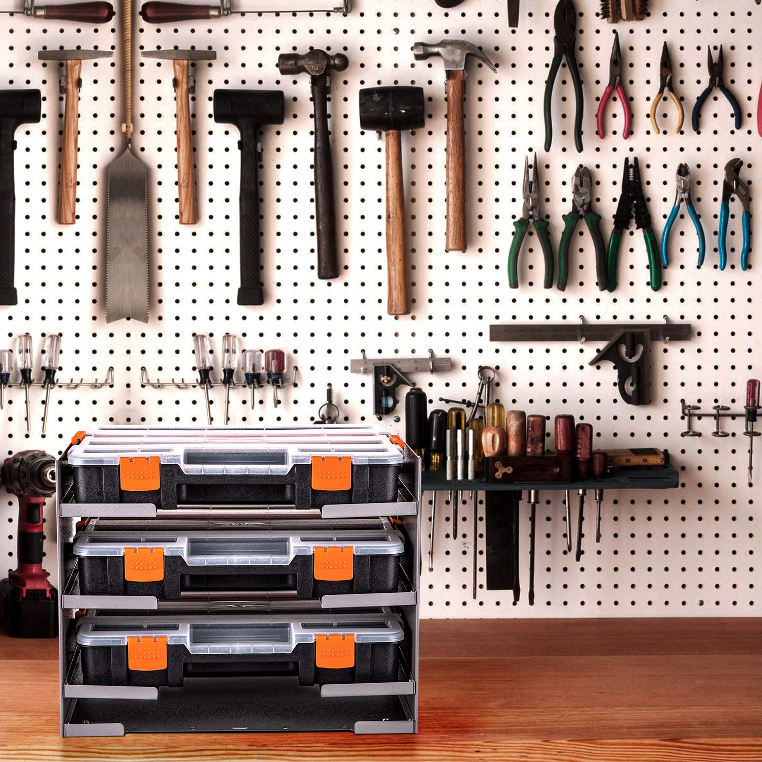 P-SH-Tote Shelf Kit for Van Shelving Storage – 3 Plastic Storage Boxes with Organizer Holder for Small Parts, Screws & Hardware | Perfect for Van Organization, DIY Projects & Tool Storage