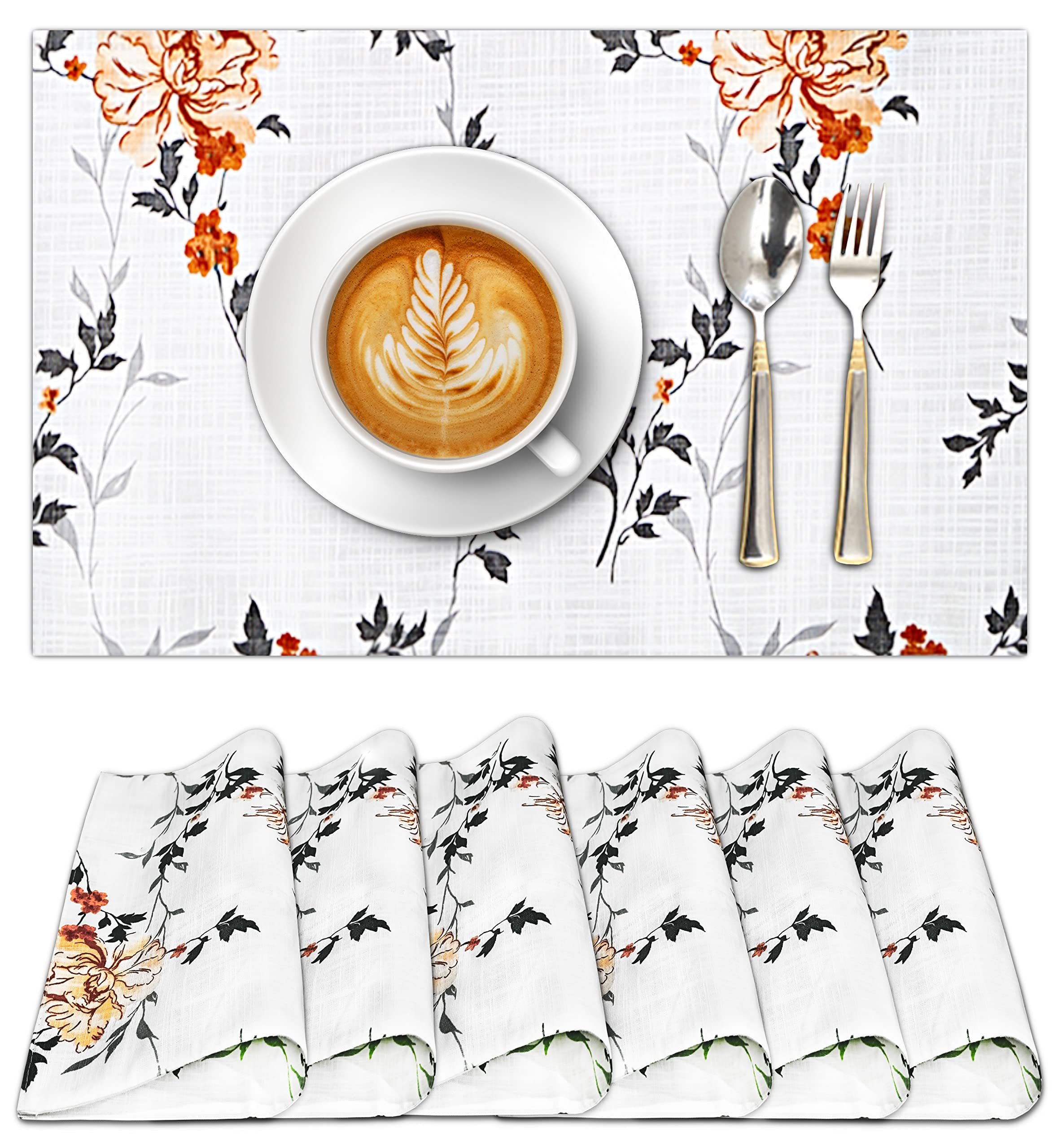 Premium Cotton Placemats Set of 6 - 13x19 Inch Fall Leaf Woven Table Mats in Grey & Orange | 100% Natural Farmhouse Style Placemats for Dining Table, Thanksgiving, Christmas & Seasonal Decor | Perfect for Holiday Dinners, Family Gatherings & Home Decor