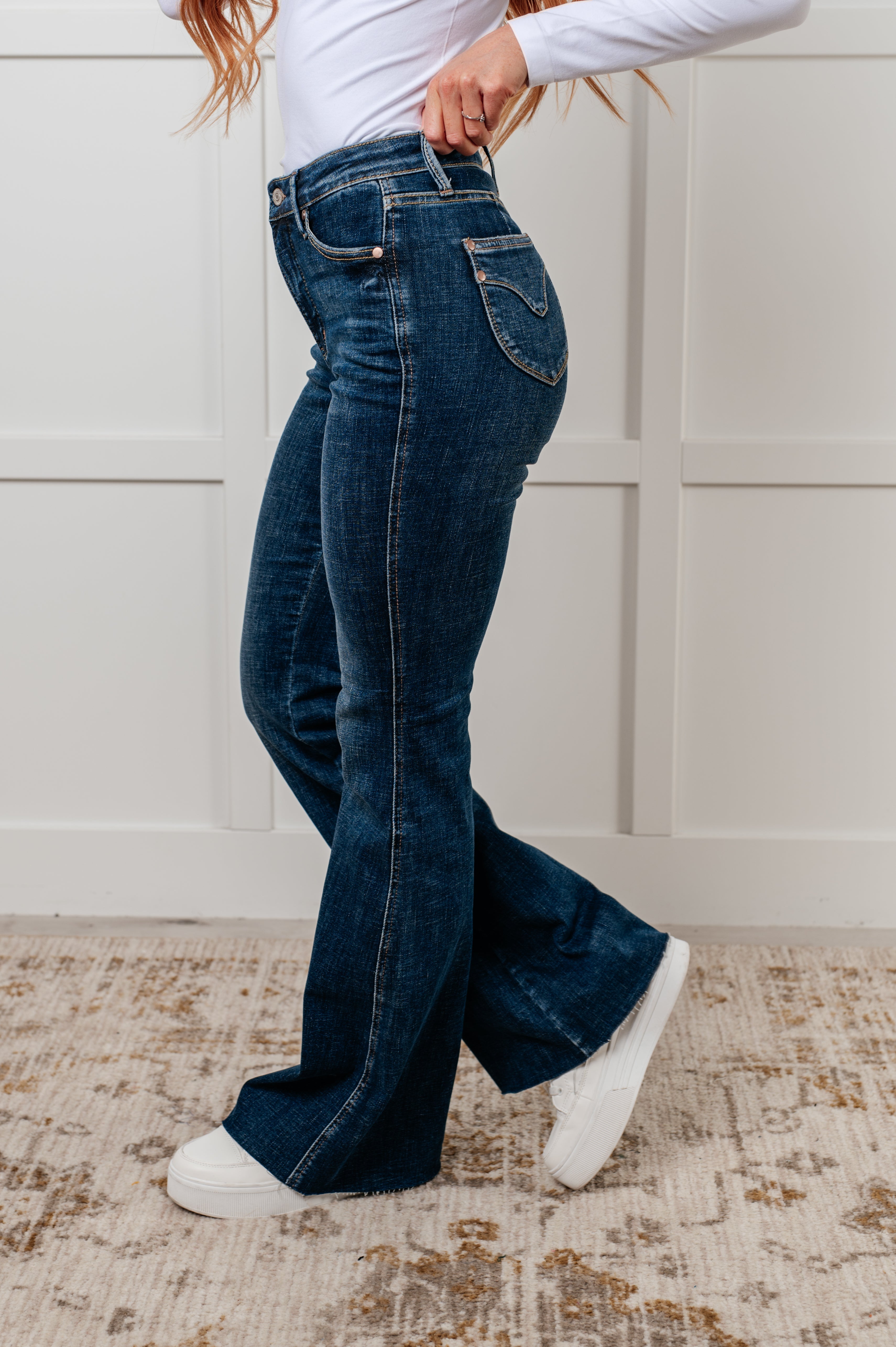 Edna High Rise Control Top Pocket Flare Jeans for Women - Slimming Tummy Control Denim Pants - Perfect for Casual Outfits, Workwear & Date Nights