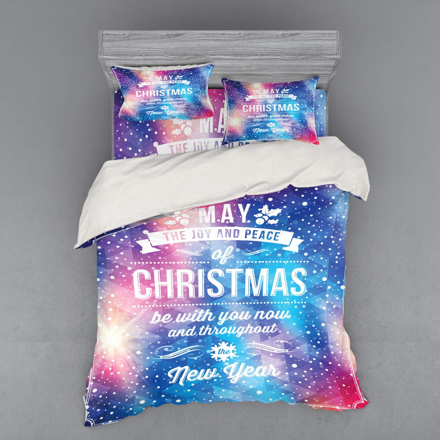 Ambesonne Christmas Bedding Set 4-Piece Queen Size - Geometric Abstract Dotted Design with Holiday Celebration Text, Duvet Cover + 2 Pillow Shams + Fitted Sheet, Joy & Peace Theme (Multicolor) - Perfect for Holiday Decor, Winter Bedroom Makeover & Cozy Seasonal Home Styling