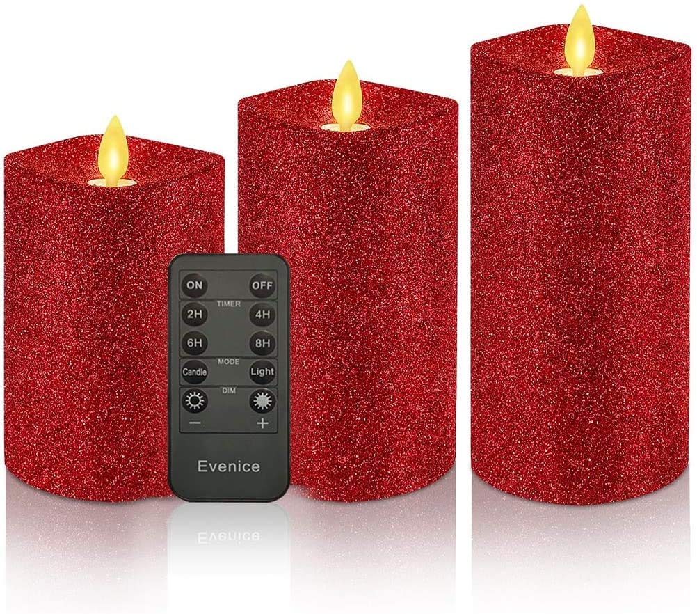 Flickering Flameless LED Candles - Set of 3 Red Christmas Decor with Remote Timer & Non-Moving Wick | Battery Operated Safe Candles for Holiday Home Decor, Wedding Centerpieces & Cozy Ambiance