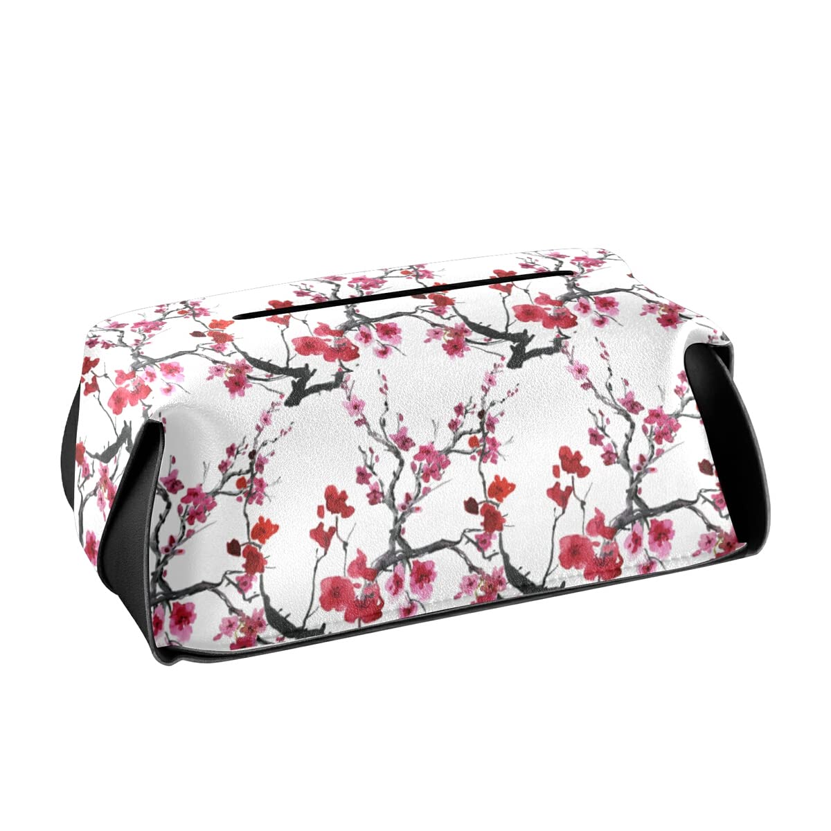 Cherry Blossom Tissue Box Cover - Square PU Leather Napkin Organizer with Handle for Facial Tissues | Decorative Countertop & Nightstand Accessory for Home, Office, and Bathroom