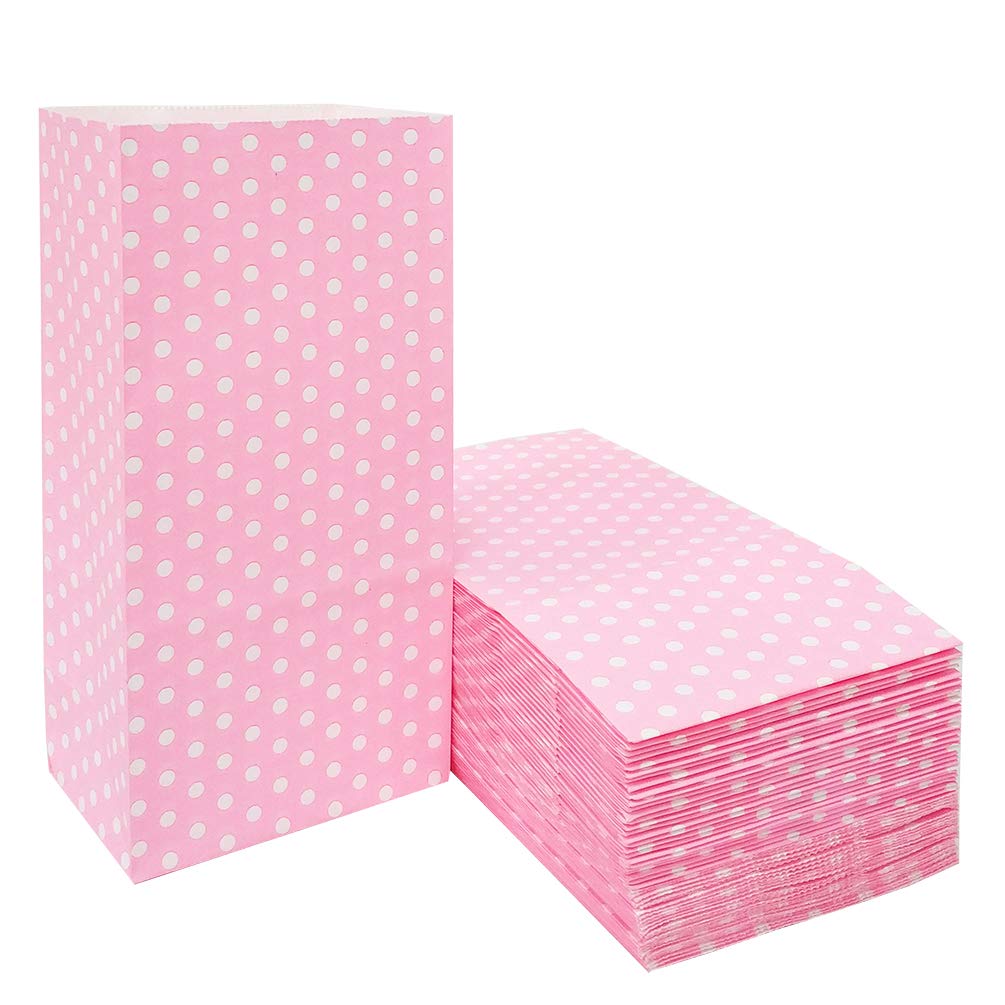 Adido Pink Polka Dot EVA Paper Party Favor Bags - 100 Pack (7x3.5x2.3 Inches) - Perfect for Birthday, Wedding, Baby Shower & Holiday Gift Bags
