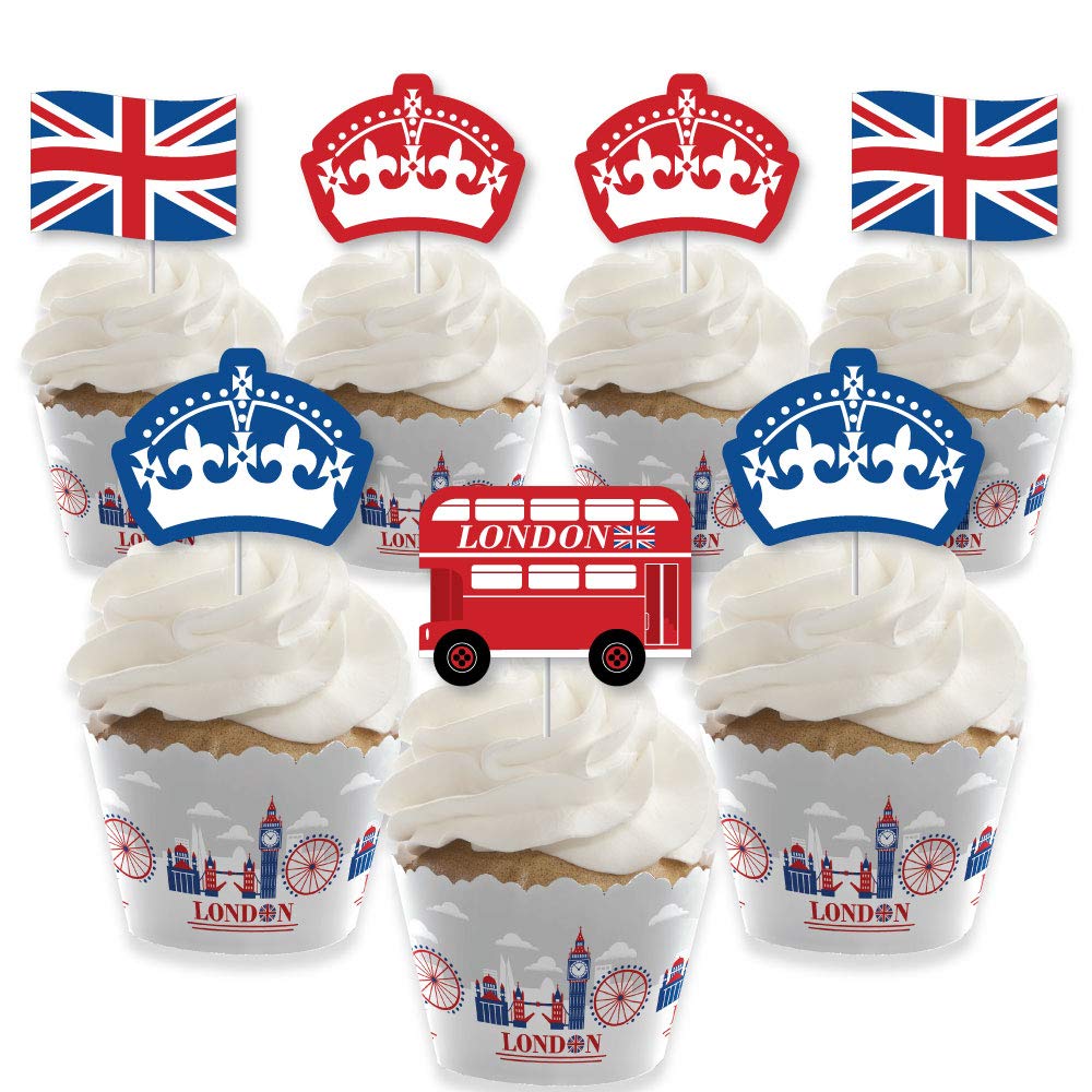 Big Dot of Happiness Cheerio London - British Themed Cupcake Decorations Kit (24-Piece Set) - Includes Cupcake Wrappers & Treat Picks for UK Tea Party, Afternoon Tea, and Royal Celebration Events