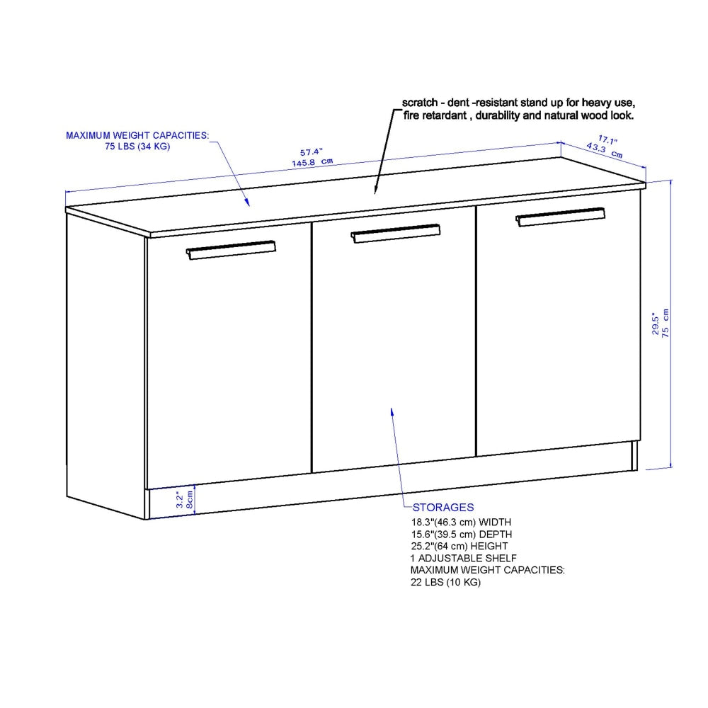 Alice Modern 3-Door White Credenza for Office Storage - Perfect for Home Office, Living Room & Bedroom Organization