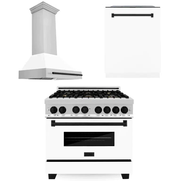 ZLINE Autograph Edition 36-inch Stainless Steel Dual Fuel Range with White Matte Door, Range Hood & Dishwasher - Matte Black Accents (3AKP RAWMRHDWM36 MB) | Premium Kitchen Package for Modern Home Cooking & Entertaining