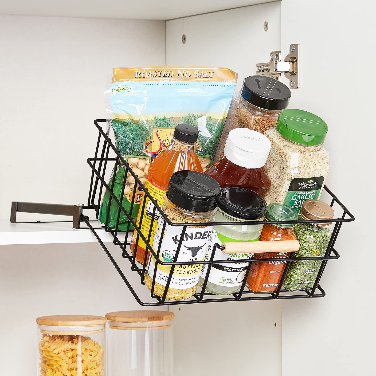 HOUSE AGAIN Pull Down Kitchen Cabinet Organizer - Drop Down Spice Rack for Easy Access in Pantry, Cabinet & Cupboard - Sliding Out Storage Basket for Upper Cabinets - Black Pull Out Drawer - Perfect for Small Kitchens & Organized Cooking Spaces