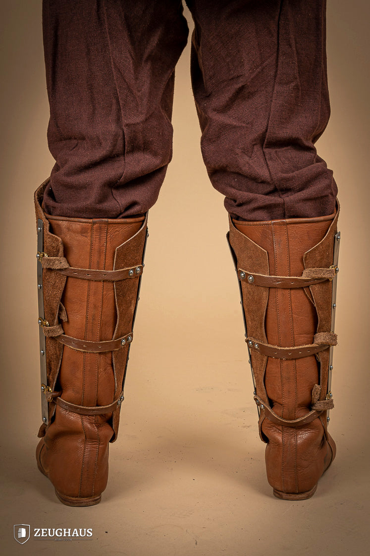 Premium Brown Suede Leather Greaves with Splints - Medieval Armor for LARP, Cosplay & Renaissance Fairs - Perfect for Knights & Warriors