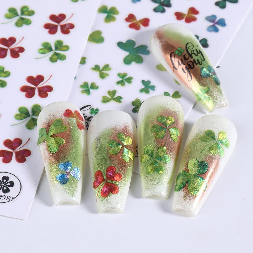 4 Sheets St. Patrick’s Day Nail Art Stickers - 3D Shamrock Clover Nail Decals for Women & Girls, Self-Adhesive Green & Red Irish Nail Designs - Perfect for Spring Parties, Nail Salons & DIY Manicures