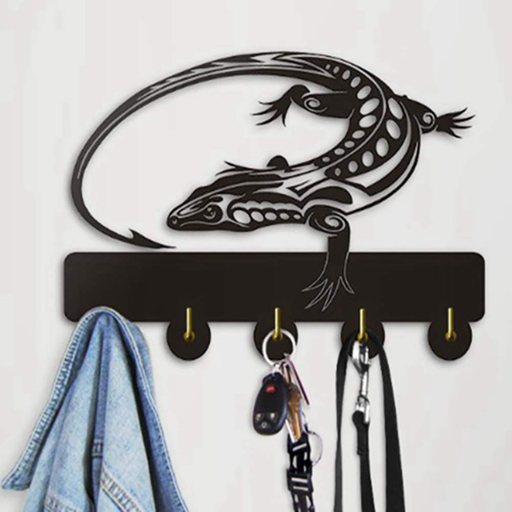ChezMax Creative Wall Mount Key Holder with 5 Hooks - Modern Home Decor for Entryway, Bathroom & Closet - Space Saving Gecko Design in Black - Perfect for Organizing Keys, Hats & Accessories in Hallways & Mudrooms