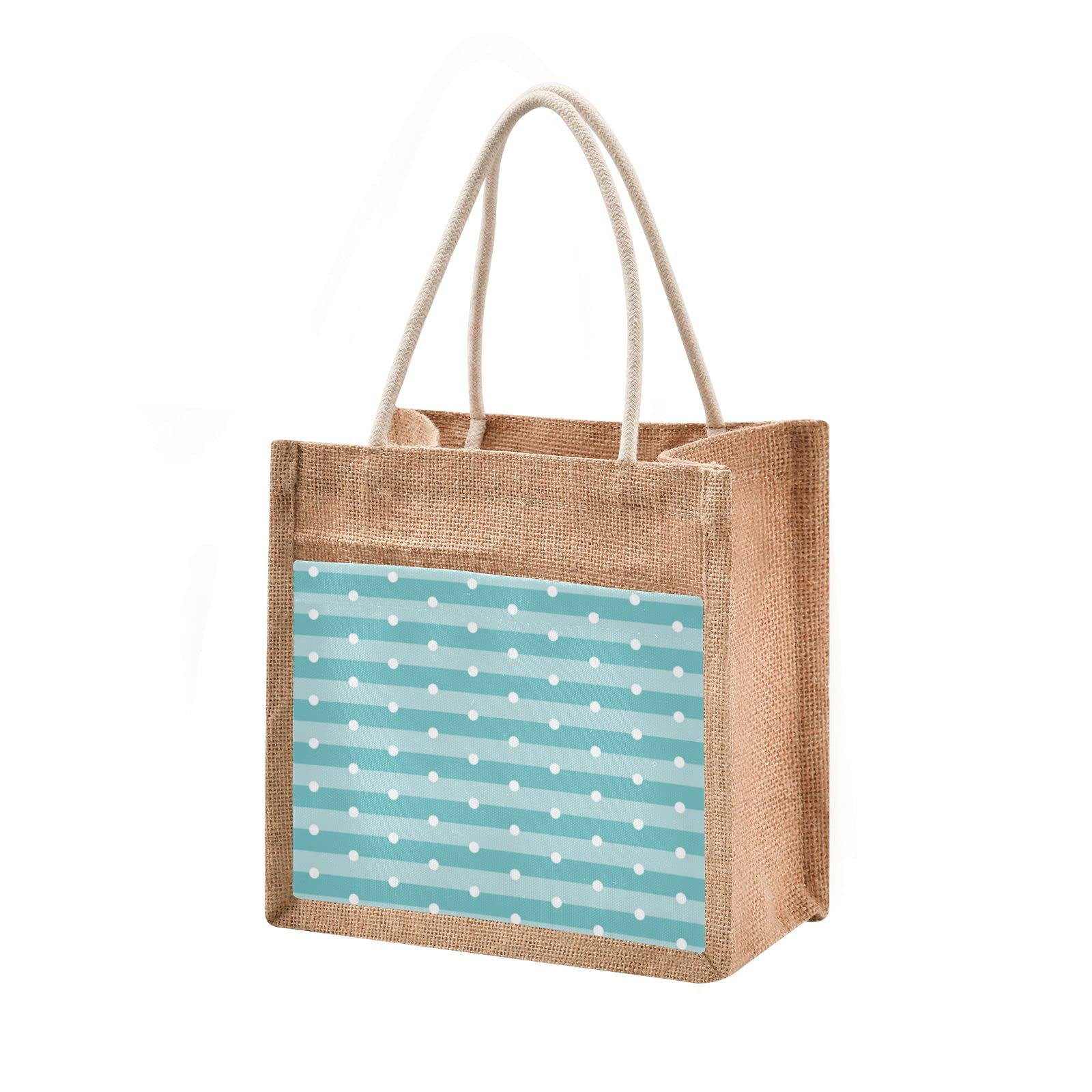 Linqin Blue Jute Tote Bag - Waterproof Round Dots Design Burlap Straw Grocery Shopping Bag for Women, Beach Travel, Picnic & Farmers Market