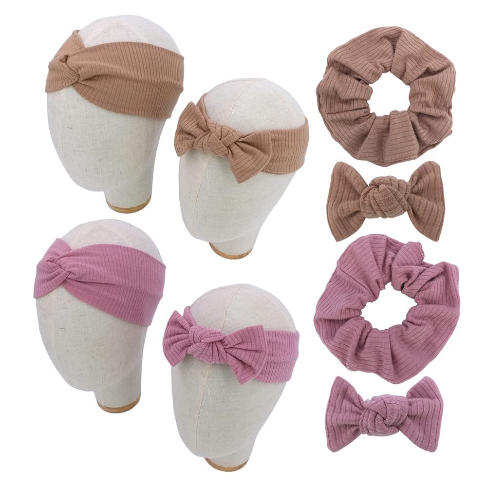 Mommy and Me Headband Set - Matching Turban Headbands for Women & Toddler Girls - Soft Scrunchies Hair Bows in Mauve & Latte - Perfect for Family Photos, Baby Showers & Mother-Daughter Outfits