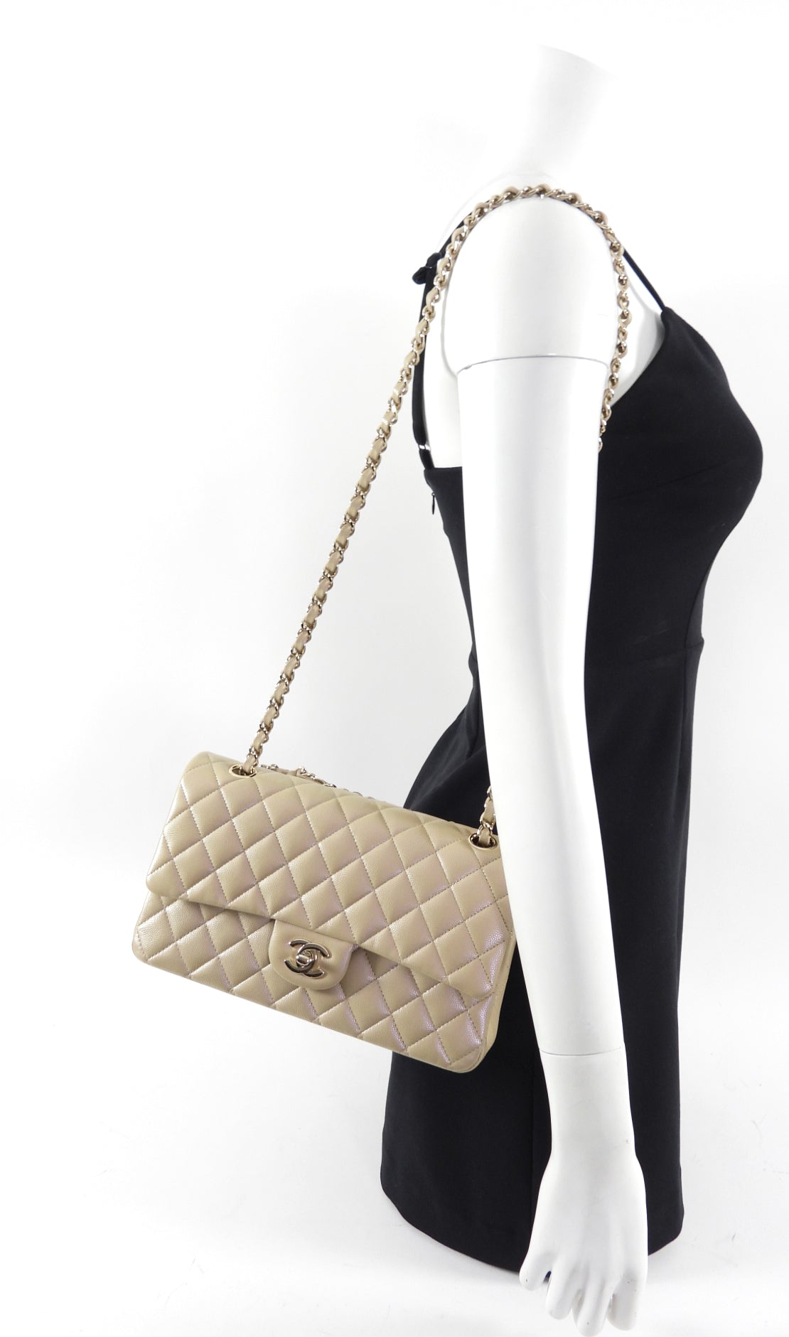 Chanel 21S Beige Iridescent Classic Medium Double Flap Caviar Gold Hardware Bag - Luxury Handbag for Women, Perfect for Parties & Special Occasions
