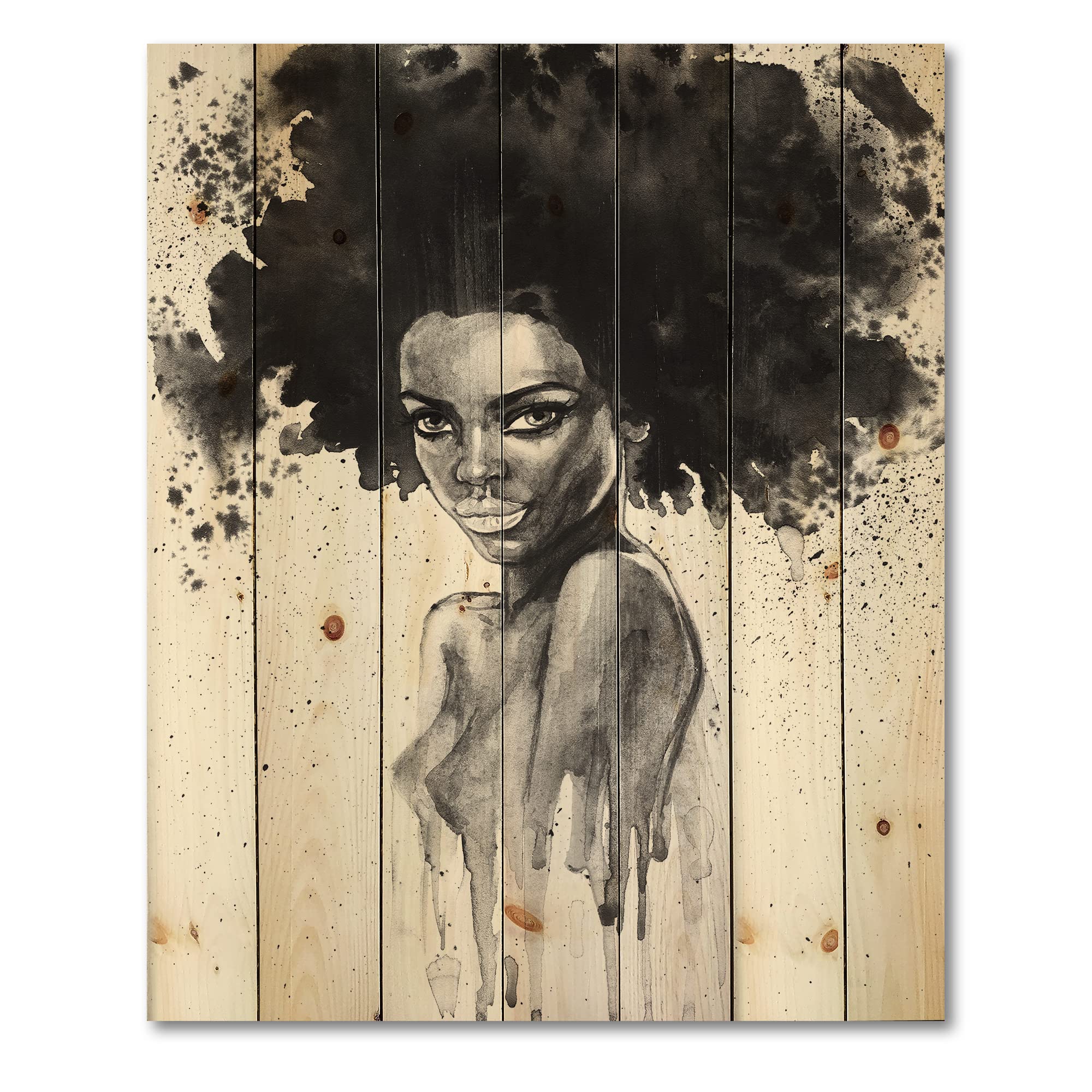 Modern Black Wood Wall Art - African American Woman Portrait on Pine for Home Decor