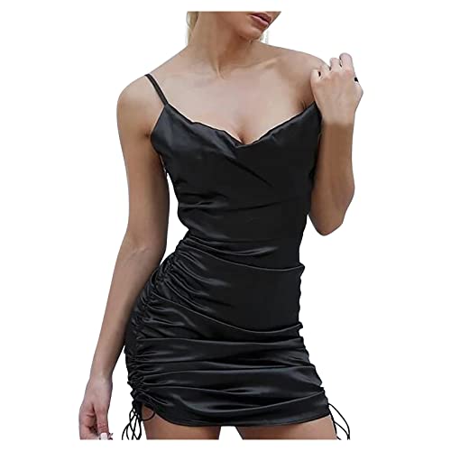 Elegant Satin Pleated Summer Dress for Women - Casual Loose Sleeveless Sling Dress with Drawstring (Black, XXL) | Perfect for Beach Vacations, Date Nights & Summer Parties