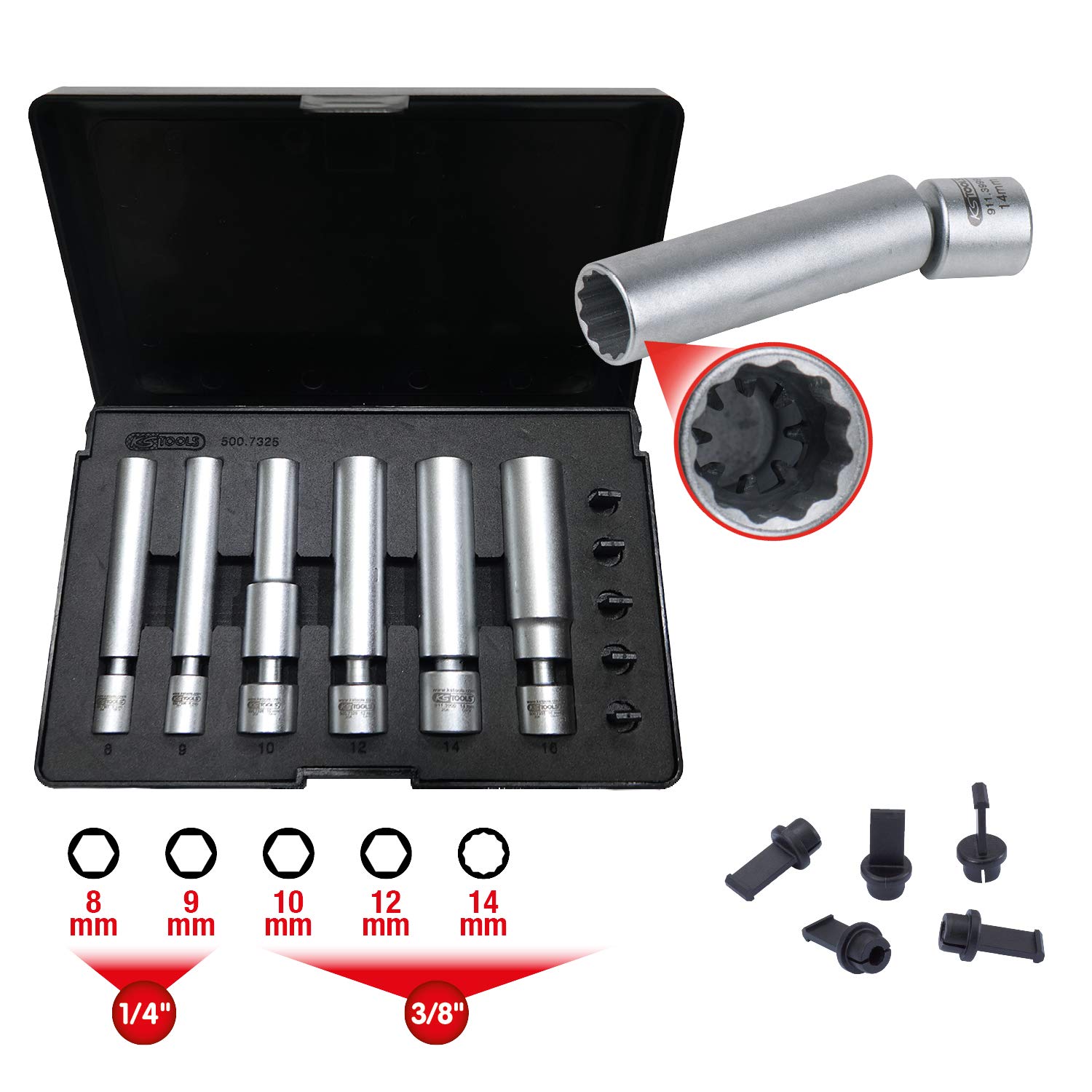 KS TOOLS 500.7325 11-Piece Special Glow & Spark Plug Socket Set with Joint - 1/4 & 3/8 Inch Drive, Color Coded - Perfect for Automotive Repair & Engine Maintenance