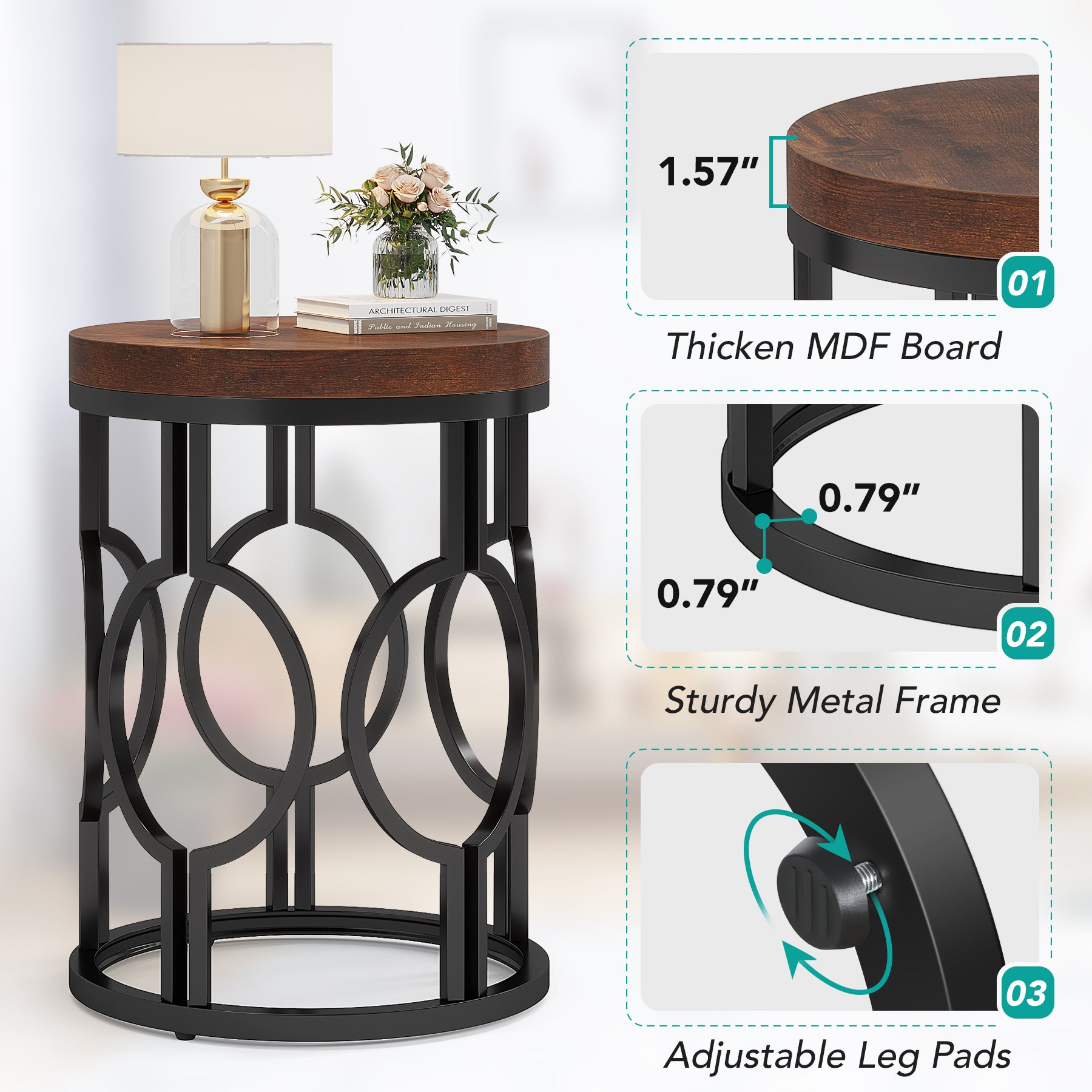 Industrial Round End Table with Metal Hollow Frame - Sturdy Side Table for Living Room, Bedroom, or Office Decor