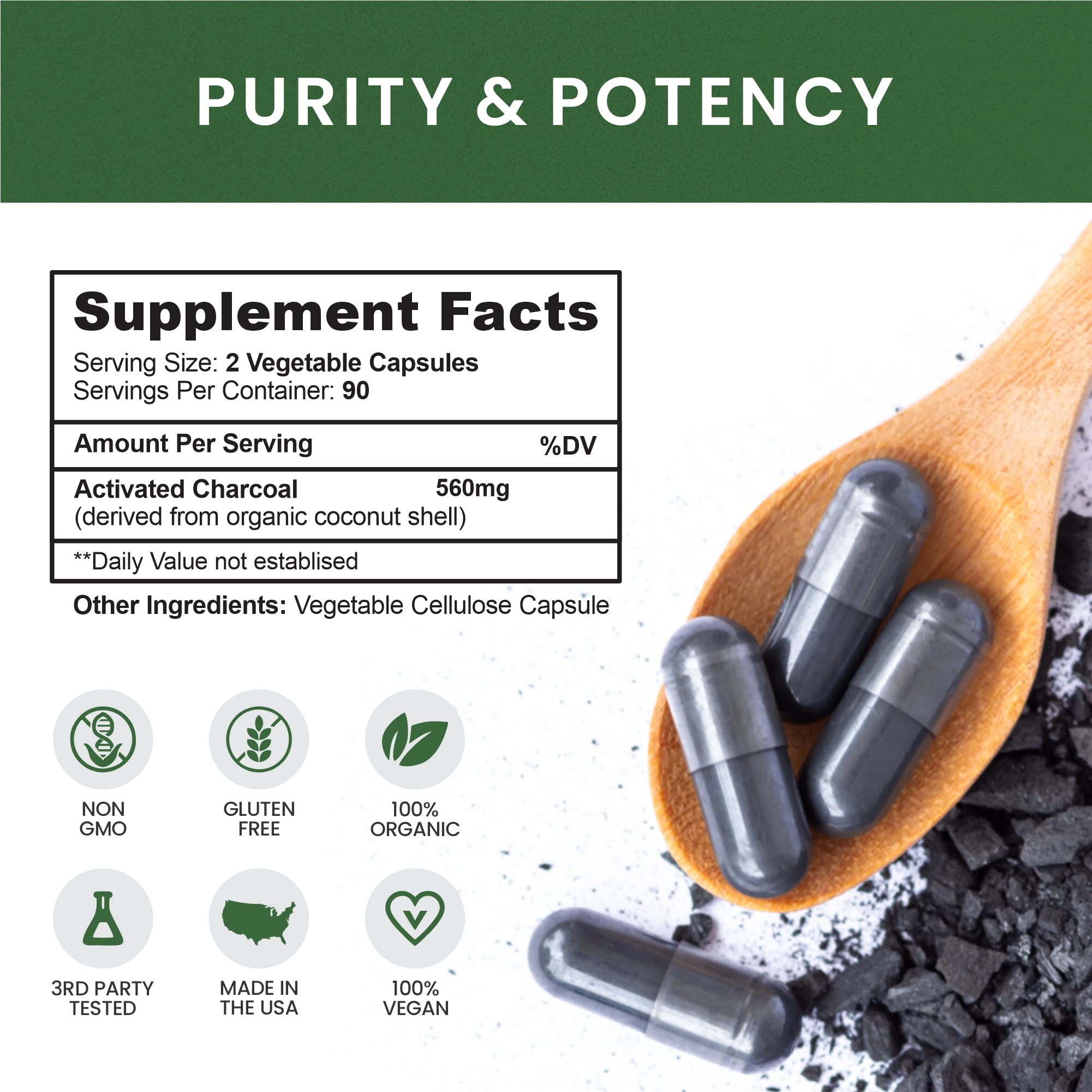 Pure Coconut Activated Charcoal Capsules - 180 Count | Natural Teeth Whitening, Bloating Relief & Body Detox | Non-GMO, Gluten Free, Vegan Supplement | Perfect for Daily Cleansing & Digestive Support