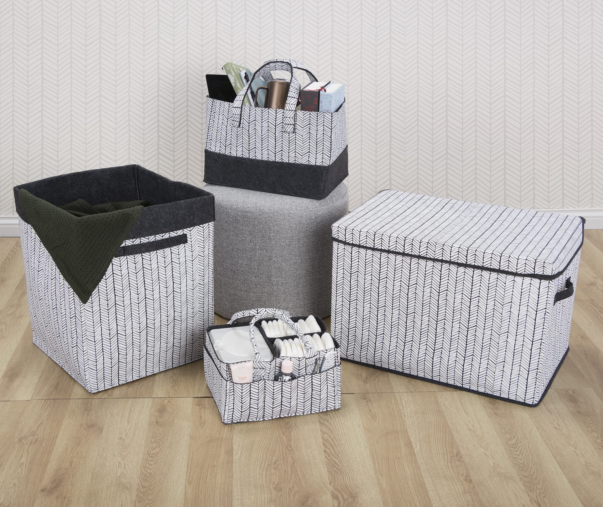 Sammy & Lou Collapsible Felt Toy Storage Box with Handles & Hinged Lid - 22x14.5x15 Inches Herringbone Pattern - Perfect for Kids Room Organization, Nursery Storage & Playroom Toy Chest for Toddlers