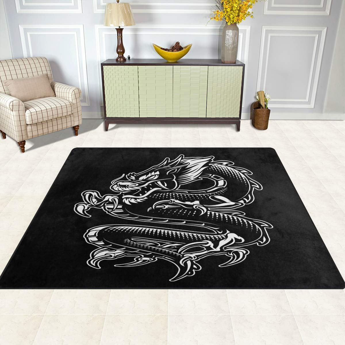ALAZA Japanese White Dragon Black Area Rug - 7' x 5' Modern Oriental Floor Carpet for Living Room, Bedroom, Office - Perfect for Home Decor & Feng Shui Design