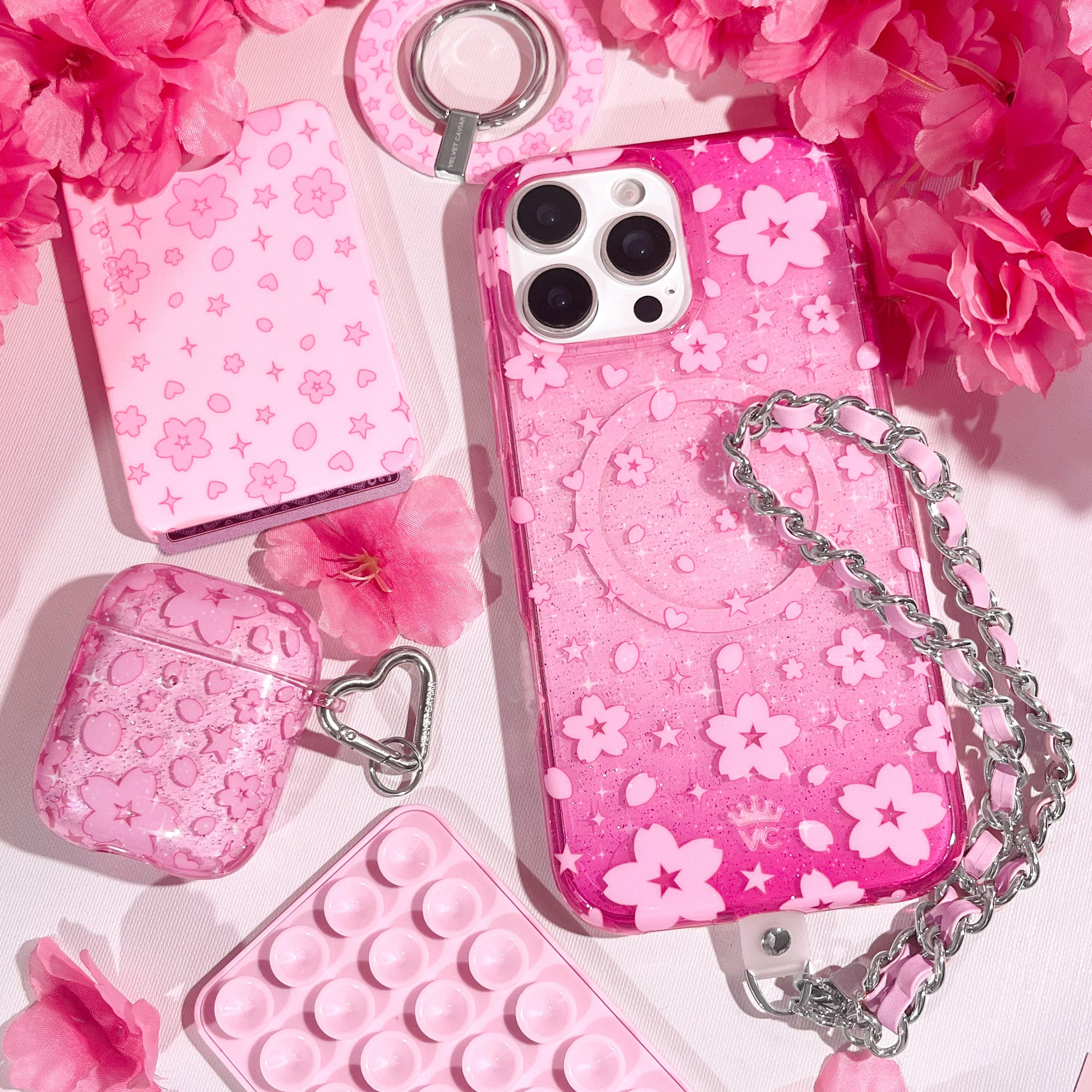 Pink Cherry Blossom Glitter iPhone Case - Cute Floral Design Shockproof Phone Cover for iPhone 14/13/12/11 Pro Max - Perfect for Spring Outfits & Gift Giving