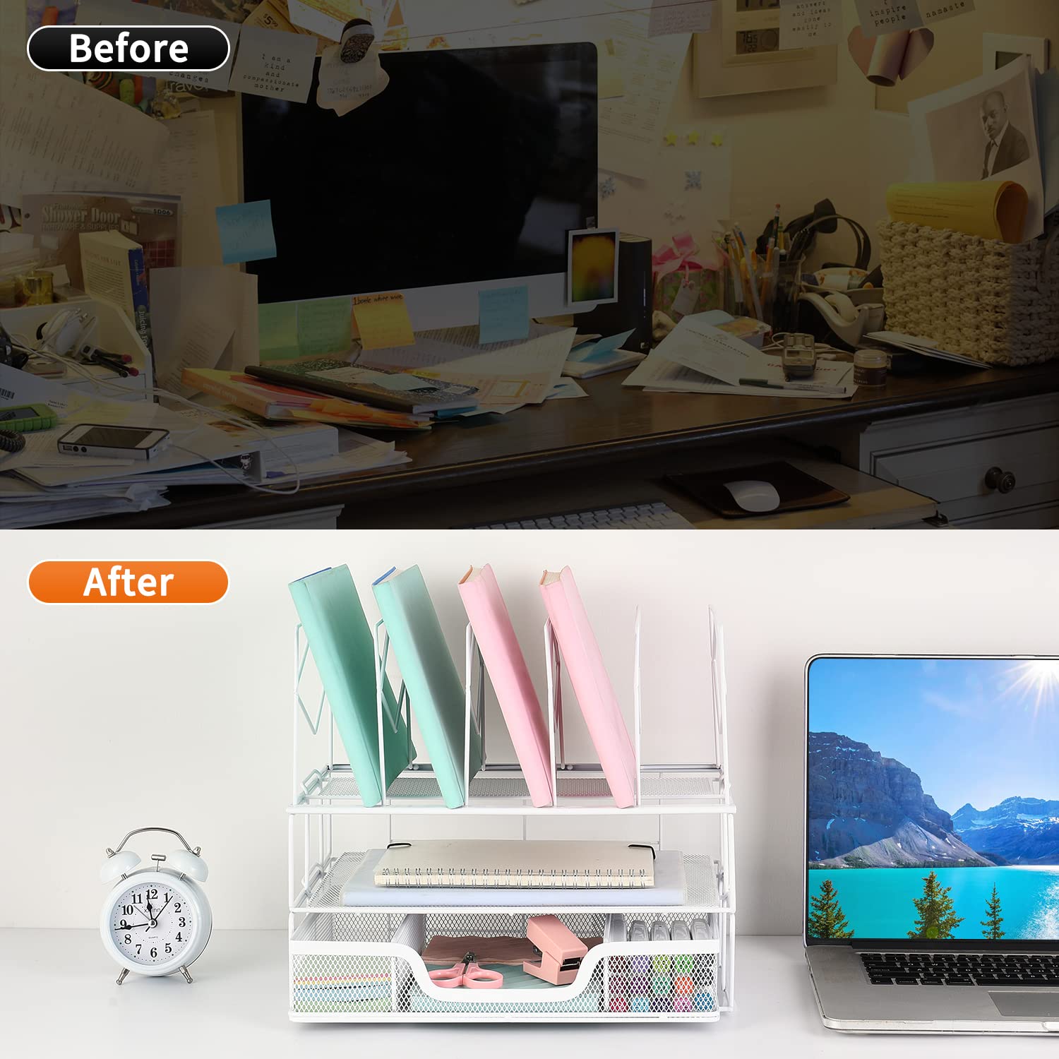 Gianotter White Desk Organizer with Sliding Drawer & Double Tray - 5-Section File Sorter for Office Supplies | Perfect for Home Office, School & Workspace Organization