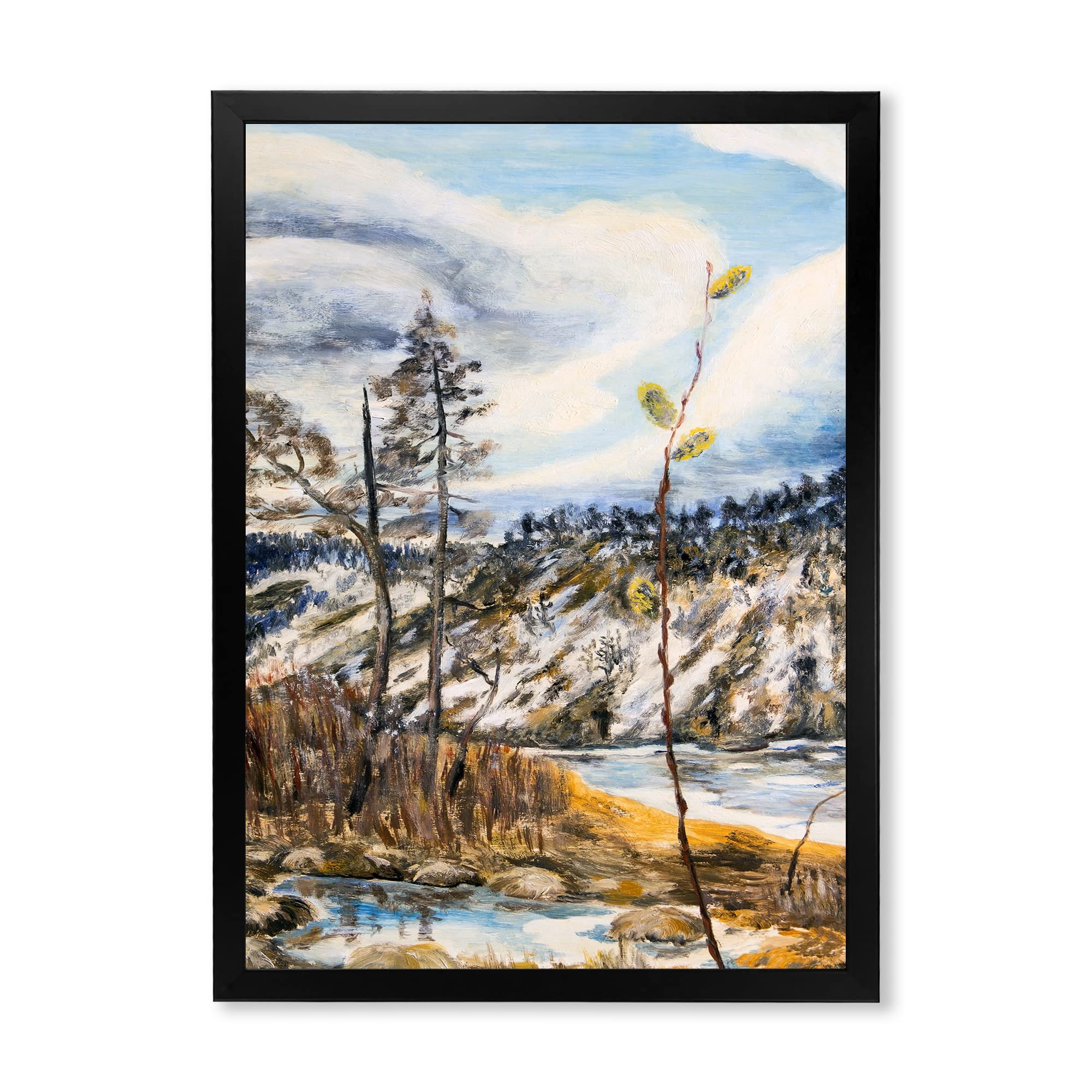 Spring Landscape with Cloudy Sky and River Lake House Framed Wall Art - Nature Scenery Canvas Painting for Living Room, Bedroom & Office Decor