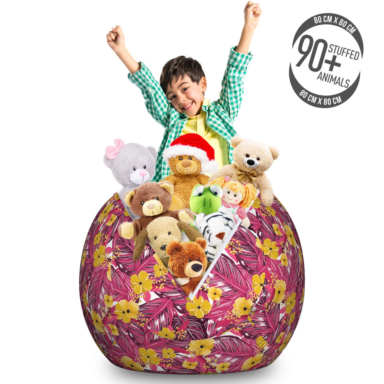 Ambesonne Hibiscus Storage Toy Bag Chair - Large Washable Stuffed Animal Organizer with Exotic Summer Leaves & Jungle Blossoms Design in Magenta & Mustard - Perfect for Kids' Room, Playroom, and Nursery Organization