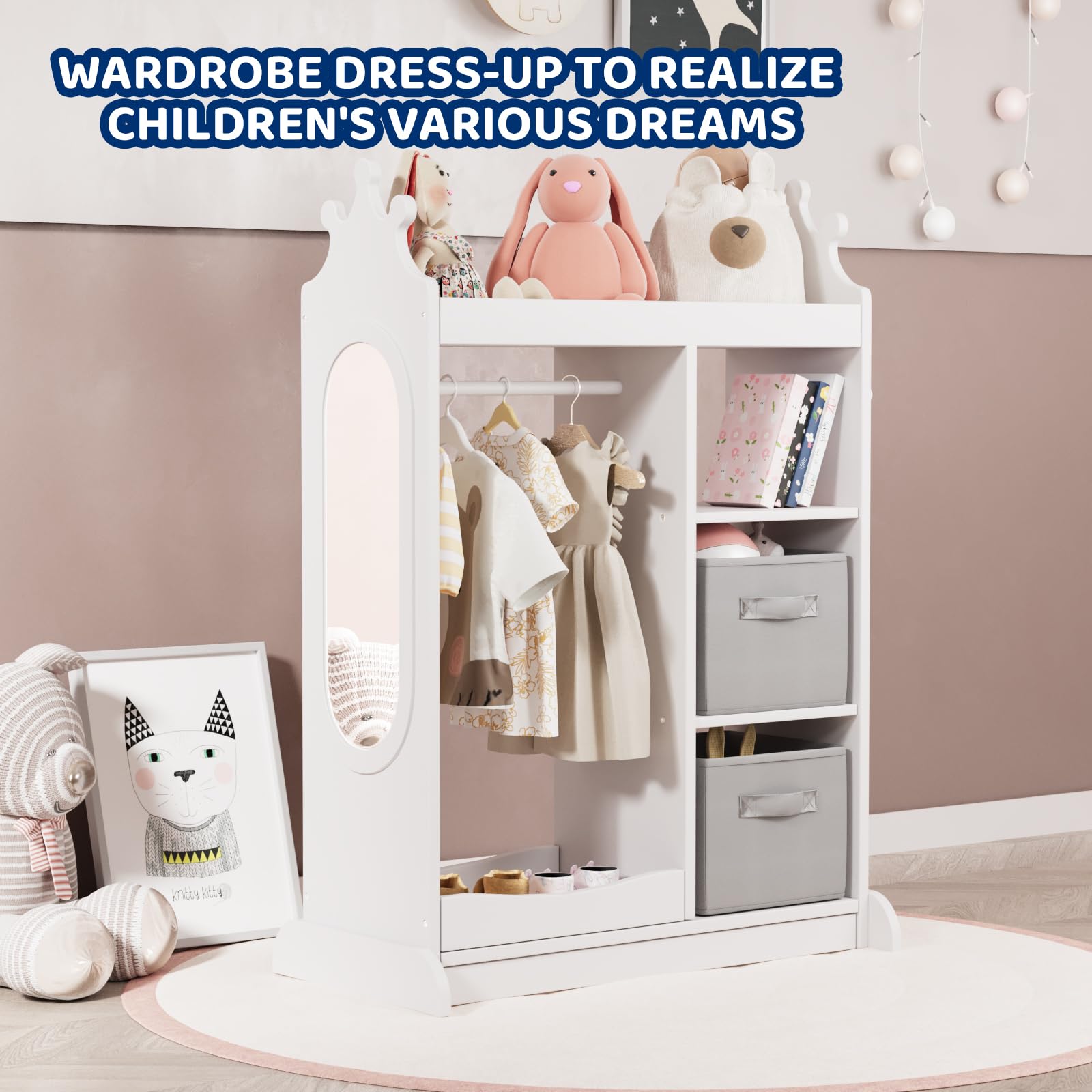 KIDINIX Kids Wardrobe with Mirror - White Open Dress Up Storage Armoire with 3-Tier Shelf, 2 Fabric Bins & Shoe Rack - Perfect for Organizing Coats, Dance Costumes, Hats & Shoes in Bedroom or Playroom