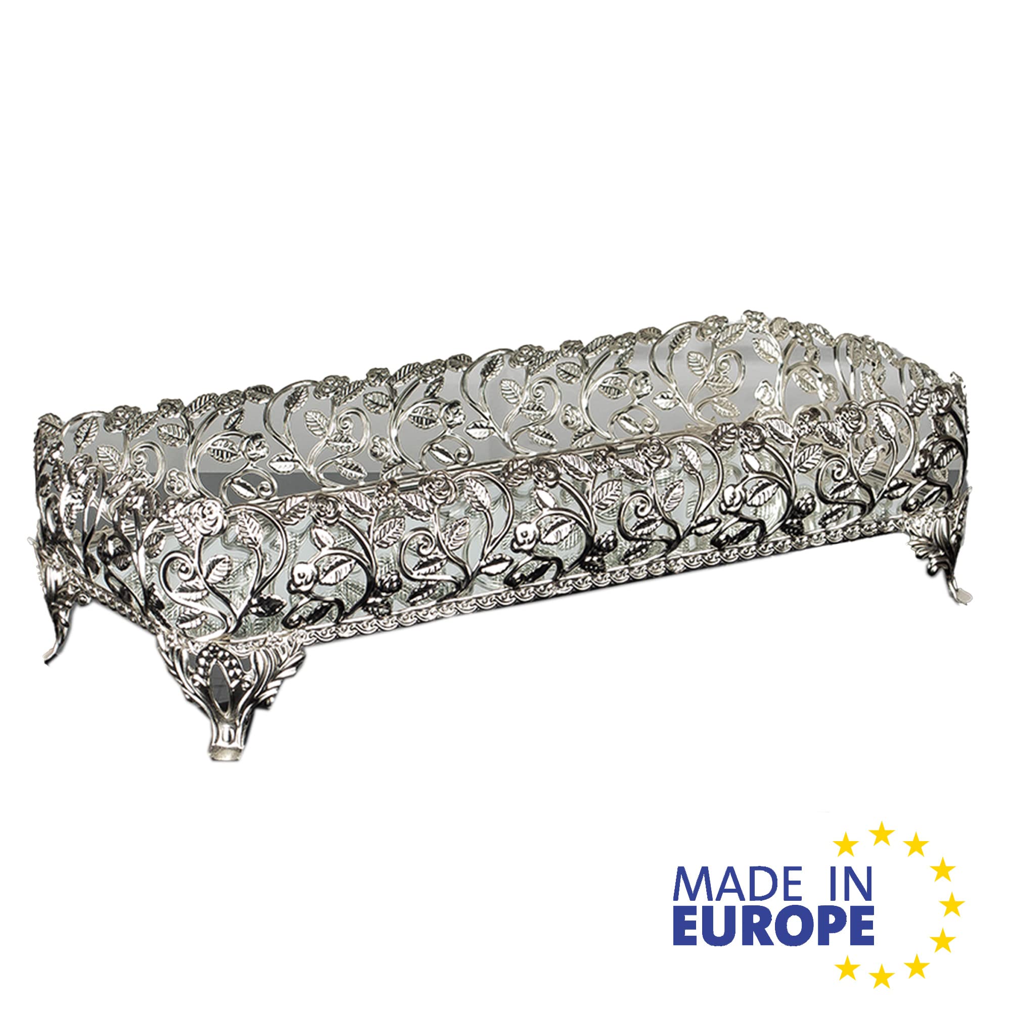 Handmade Silver Metal Filigree Mirrored Vanity Tray - Elegant Rectangle Perfume & Jewelry Organizer for Dresser, Dressing Table, Bathroom Decor - Perfect Gift for Women (Small Size)