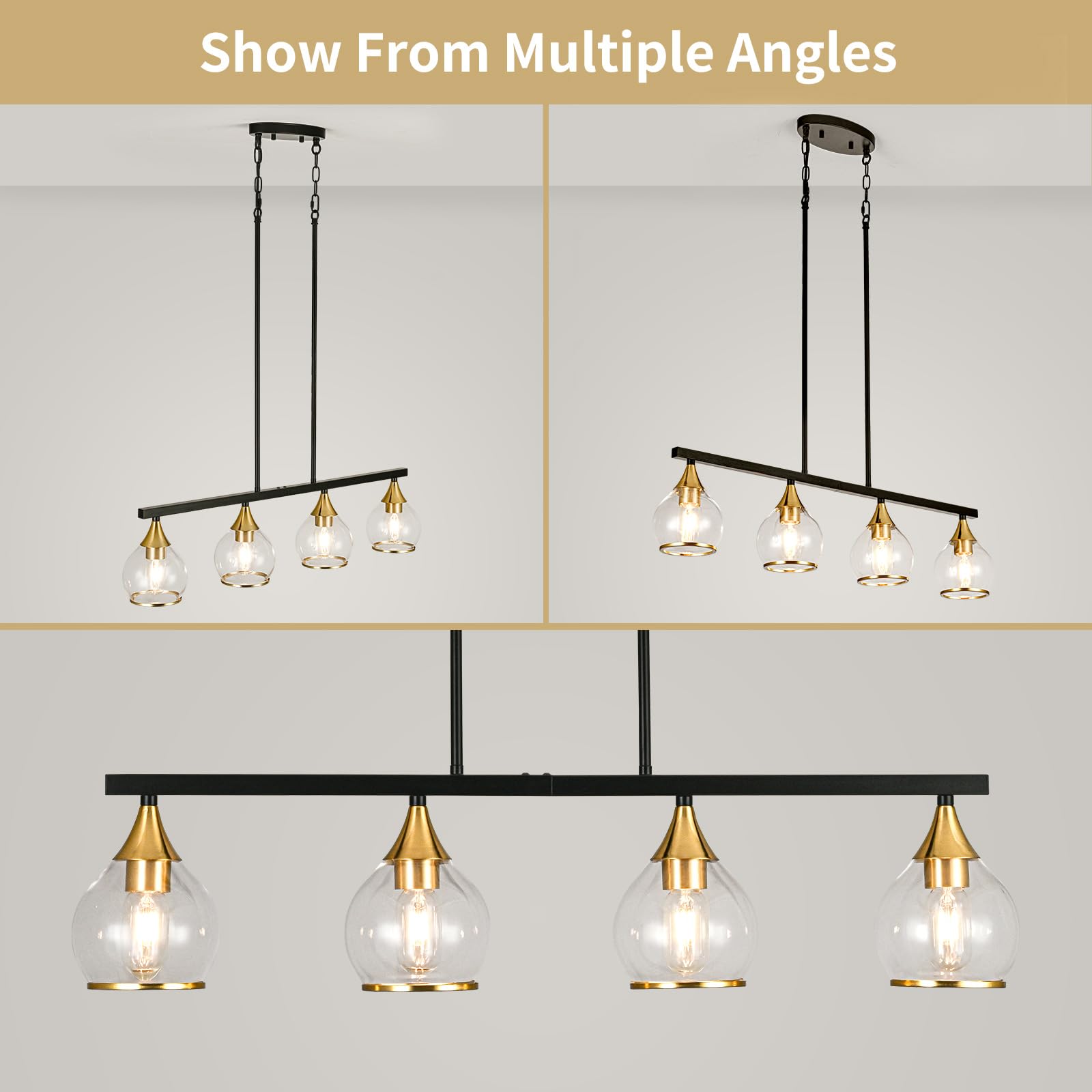 Farmhouse Black and Gold 4-Light Kitchen Island Pendant Chandelier with Clear Glass Shades - Matte Black Linear Hanging Light Fixture for Dining Room & Kitchen Counter | Perfect Over Tables, Breakfast Bars, and Kitchen Islands