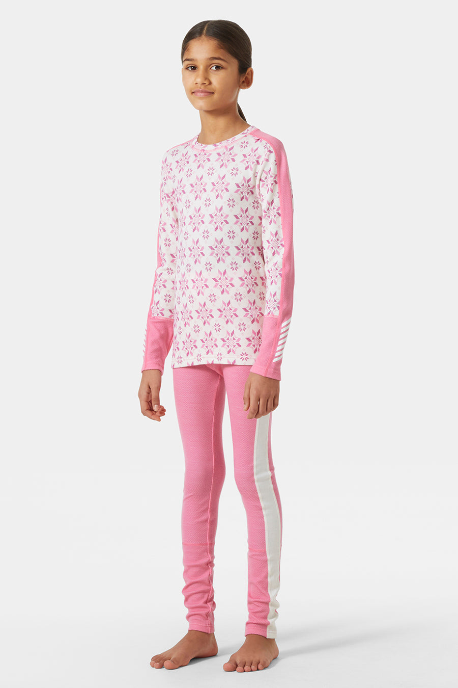 Helly Hansen Jr Lifa Merino Baselayer for Girls - Sugar Pink Snowflake Print - Warm Winter Underwear for Skiing, Snowboarding & Outdoor Activities