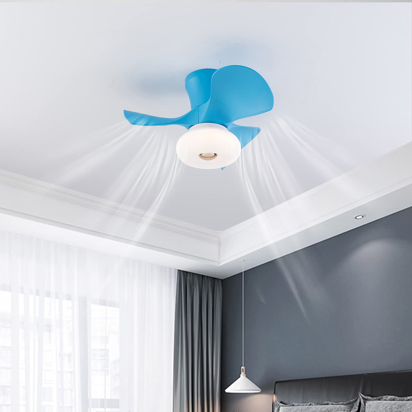 22 Inch Small Ceiling Fan with Light - 36W Flush Mount Reversible Fan with Remote, 3 Colors & 3 Speeds - Perfect for Bedroom, Living Room, Nursery (Blue) | Quiet Cooling & Stylish Lighting Solution for Home & Office