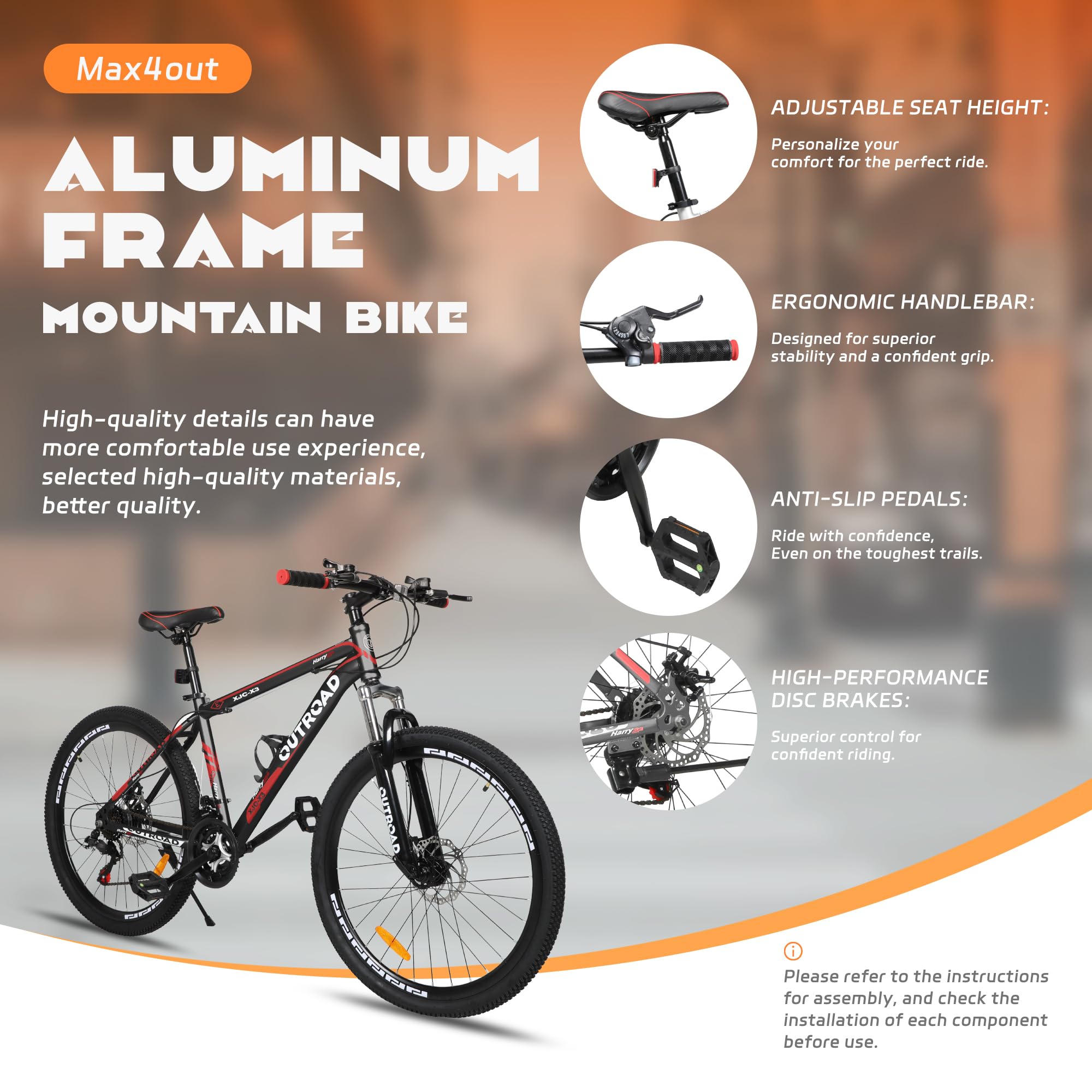 26 Inch Mountain Bike for Adults - Lightweight Aluminum Frame, 21-Speed Gears with Dual Disc Brakes & Lock-Out Suspension Fork - Men's & Women's All-Terrain Bicycle for Trail Riding, Commuting and Outdoor Adventures